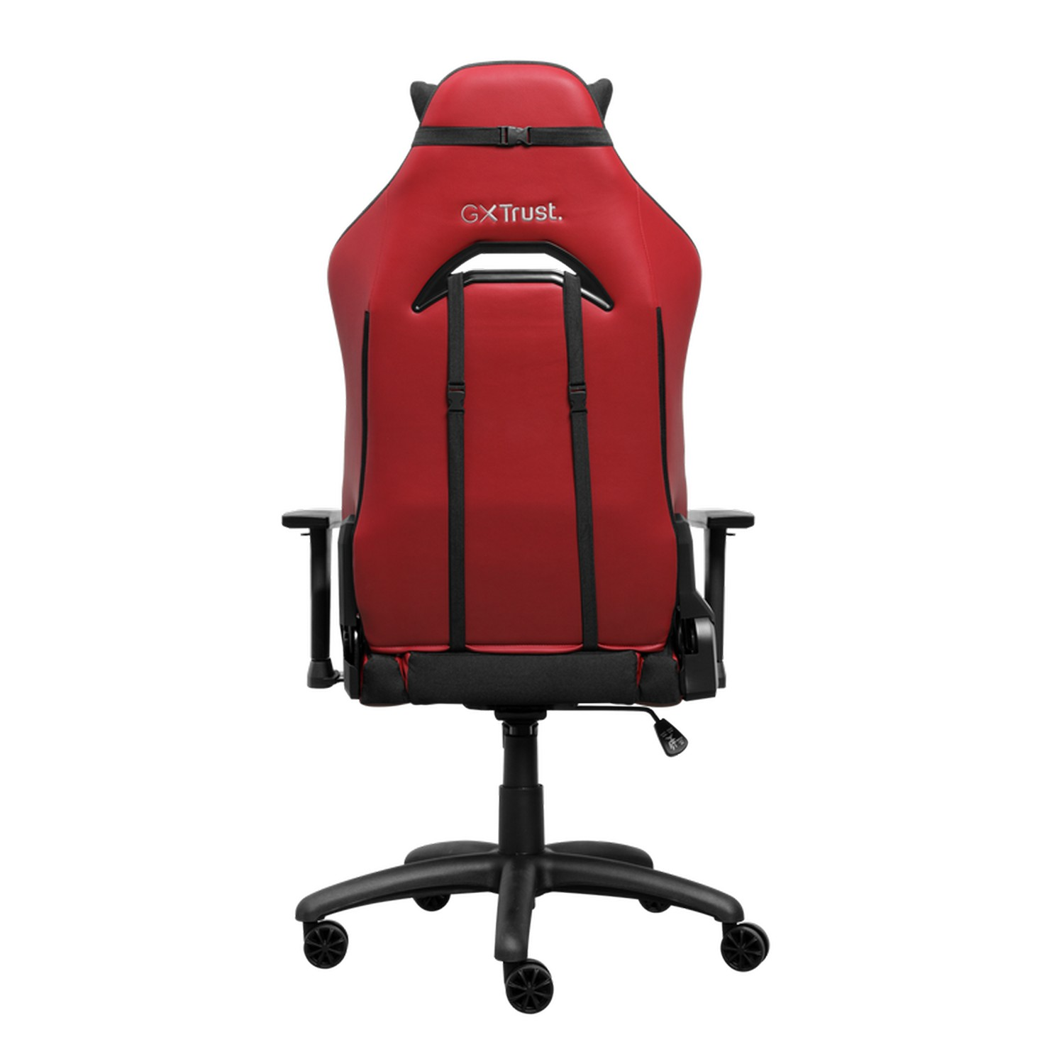 Achterkant van een rode gamingstoel met zwarte accenten. Met hoofdsteun en zwarte voet.