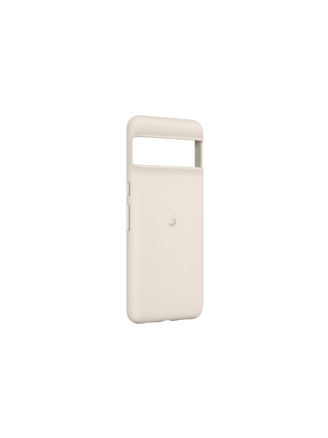 Una funda de teléfono de color crema claro, con un logotipo 'G', sobre un fondo negro.