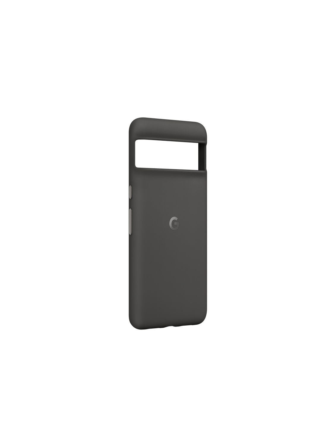 Una funda gris oscuro para teléfono sobre fondo negro con logo de Google.