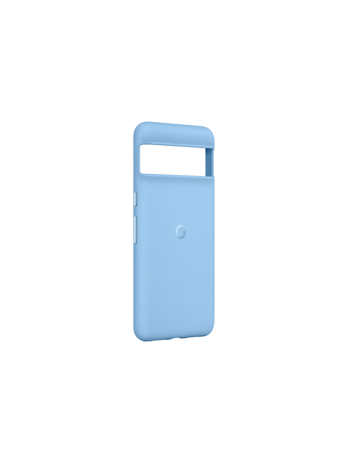 Funda de teléfono azul claro con un logotipo blanco en la parte posterior.