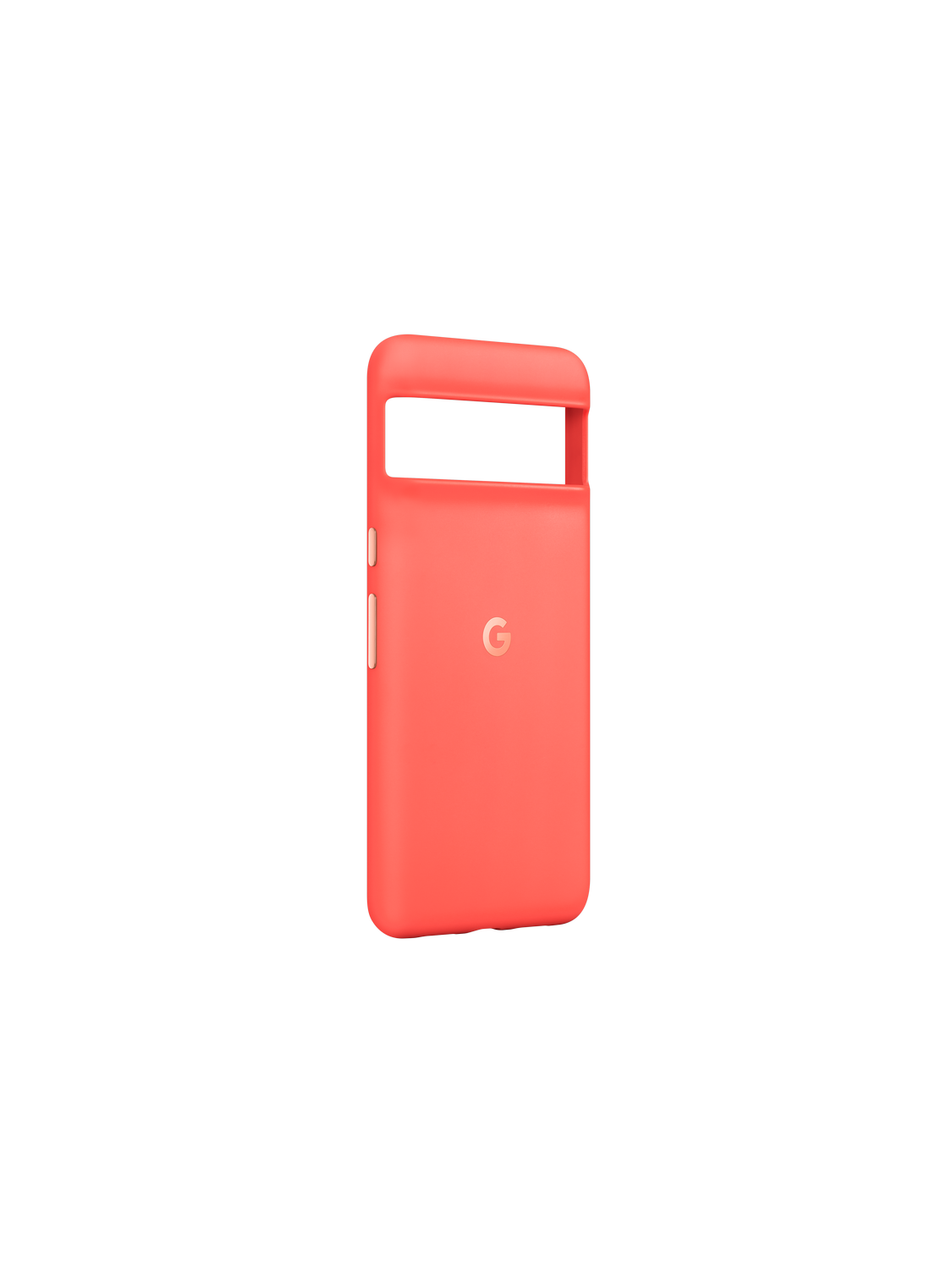 Funda de teléfono color coral, con el logo de Google, sobre un fondo negro.