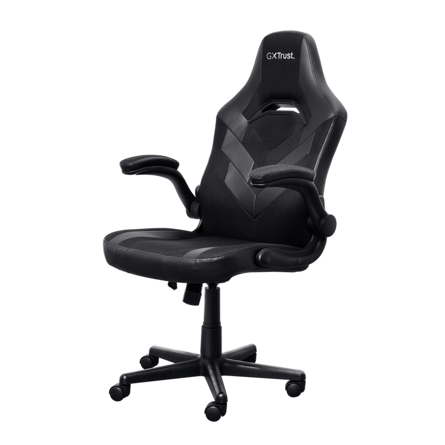 Chaise de jeu noire avec design ergonomique, accoudoirs et logo GXtrust sur l'appuie-tête.