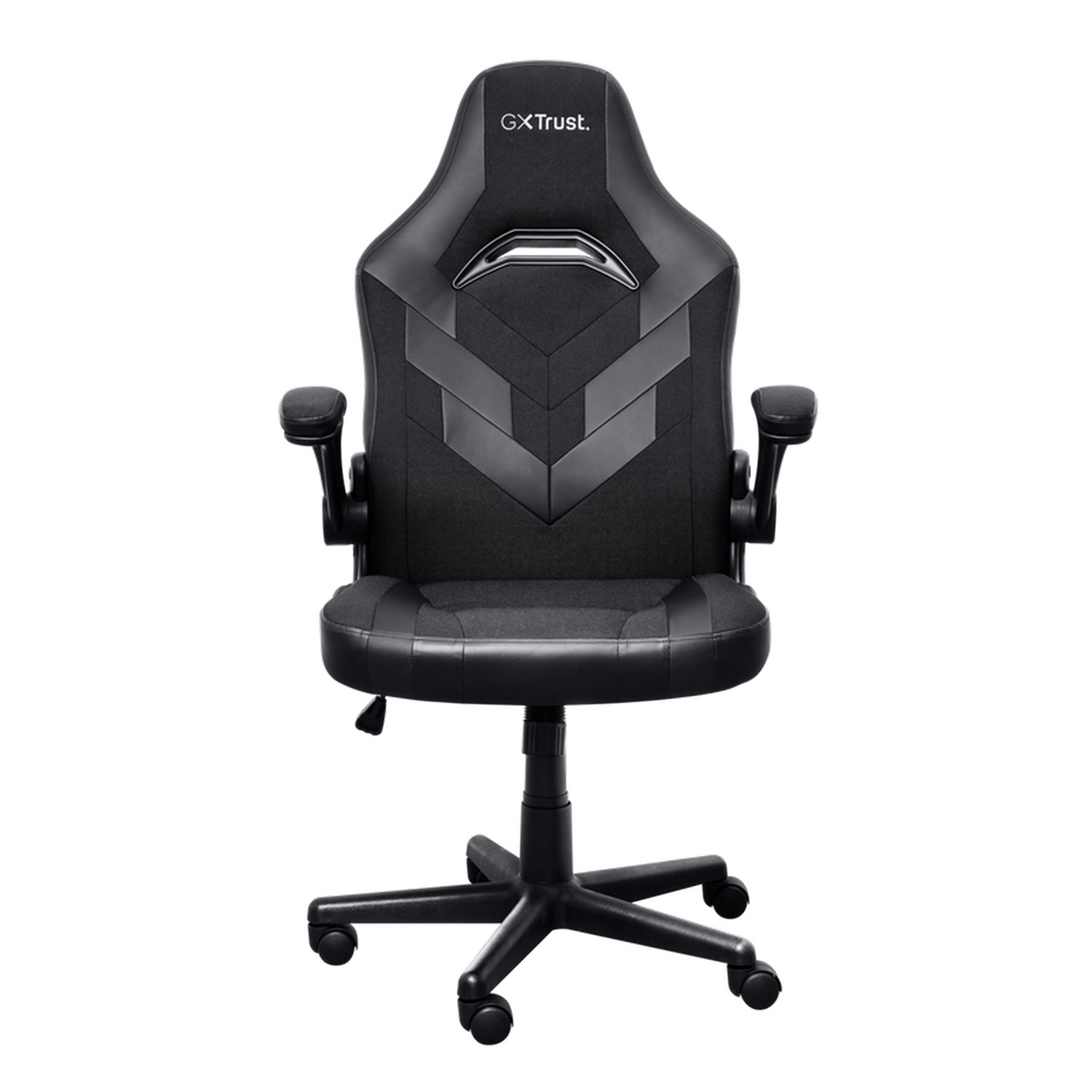 Chaise gaming GX Trust noire avec accoudoirs et base noirs, tissu et cuir noirs.