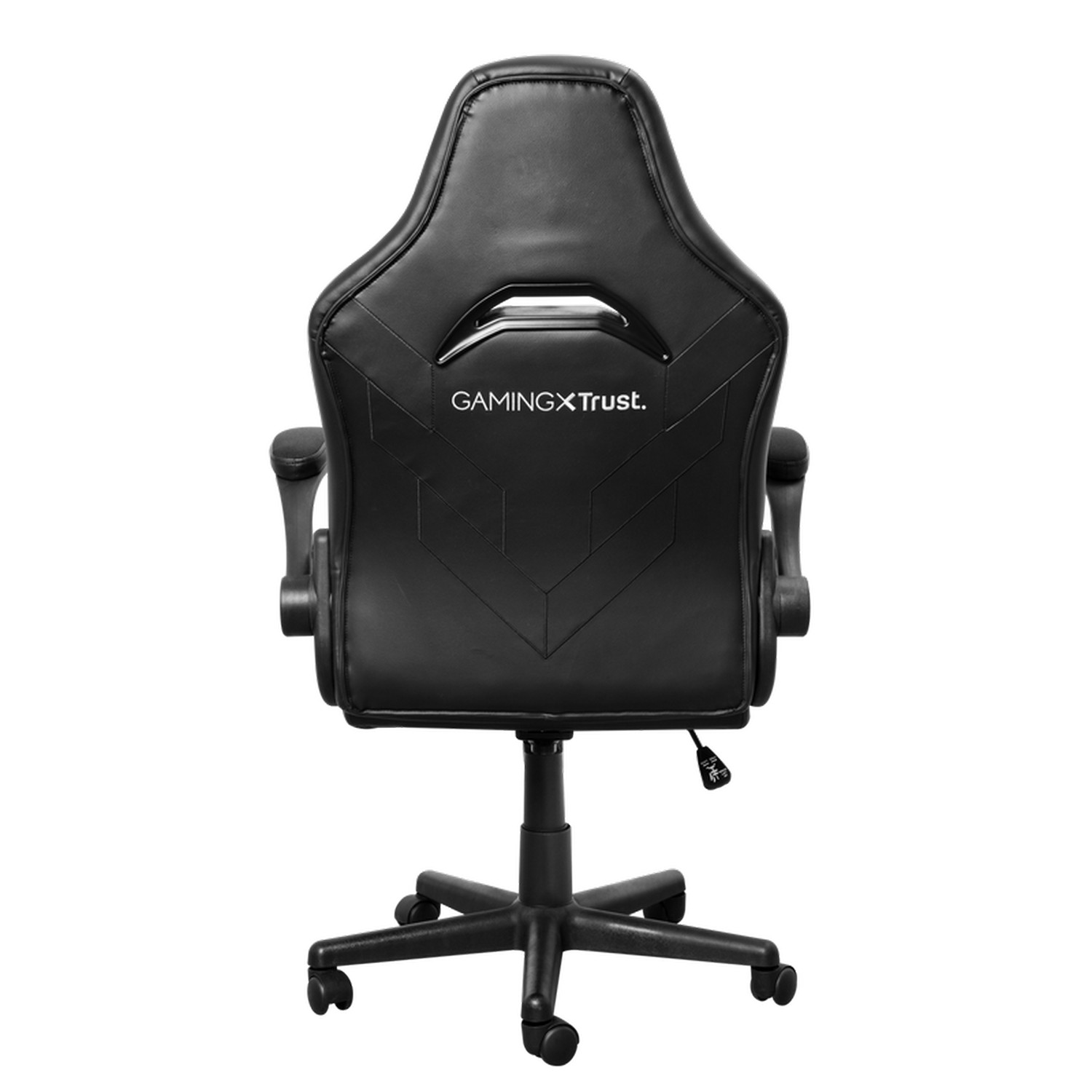 Chaise de jeu noire de dos, avec le logo GAMINGXTrust au dos.