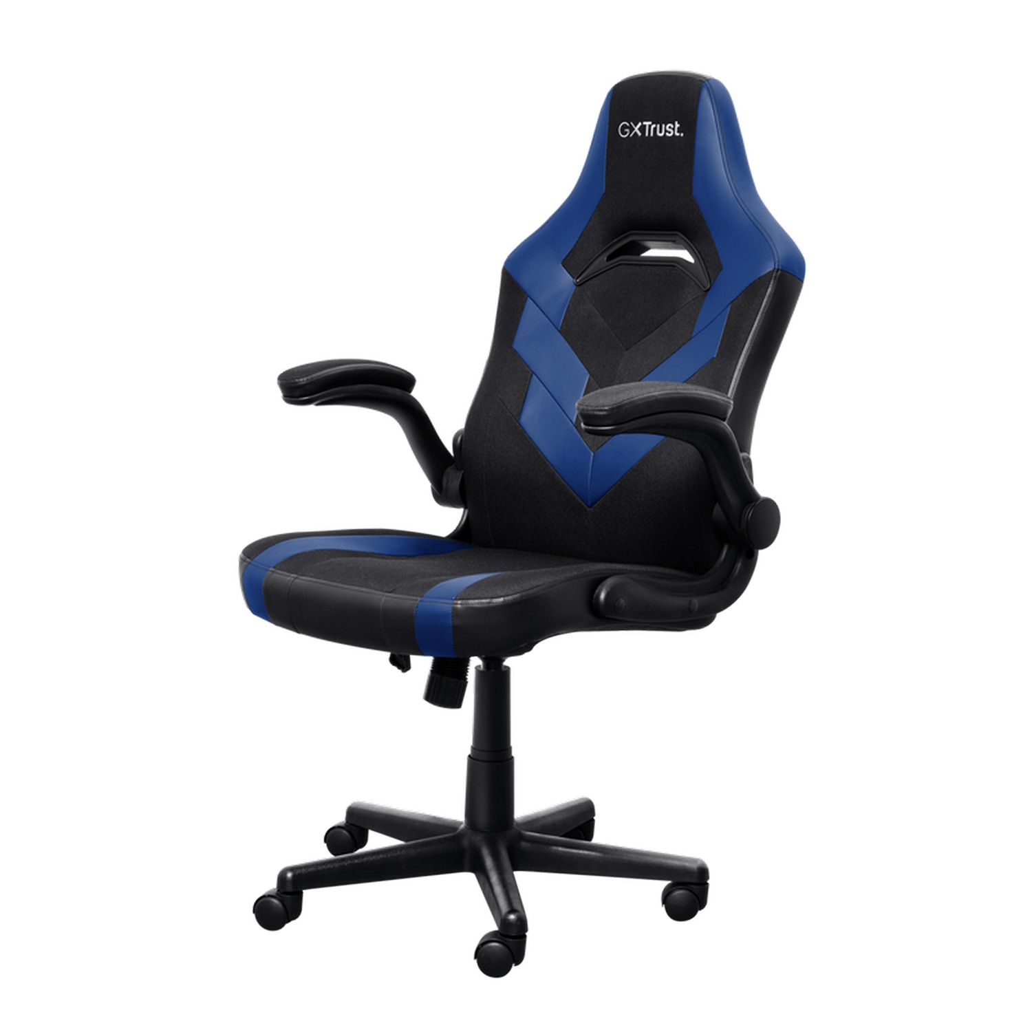 Black and blue gaming chair with armrests and a black base with wheels.