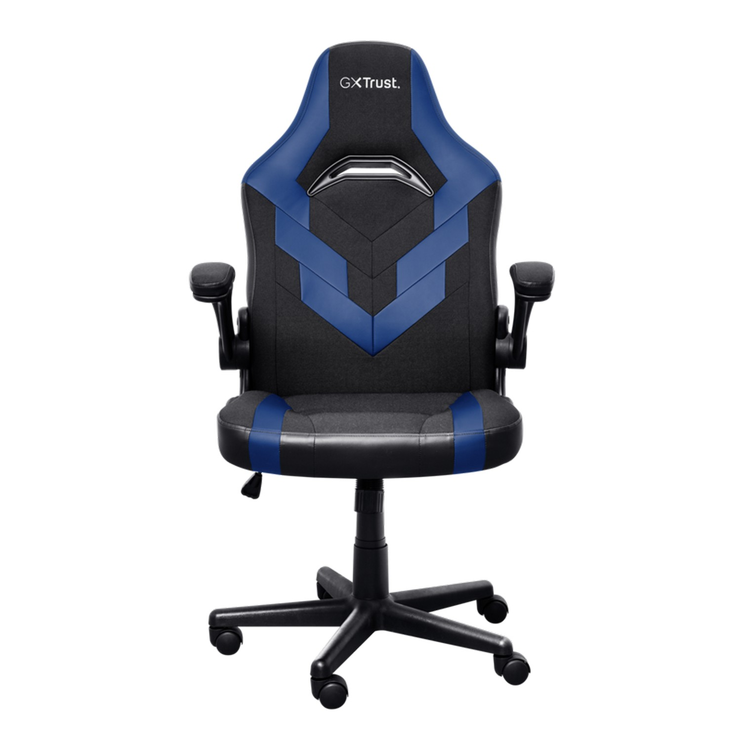 A black and blue gaming chair with a black base and armrests, on a white background.