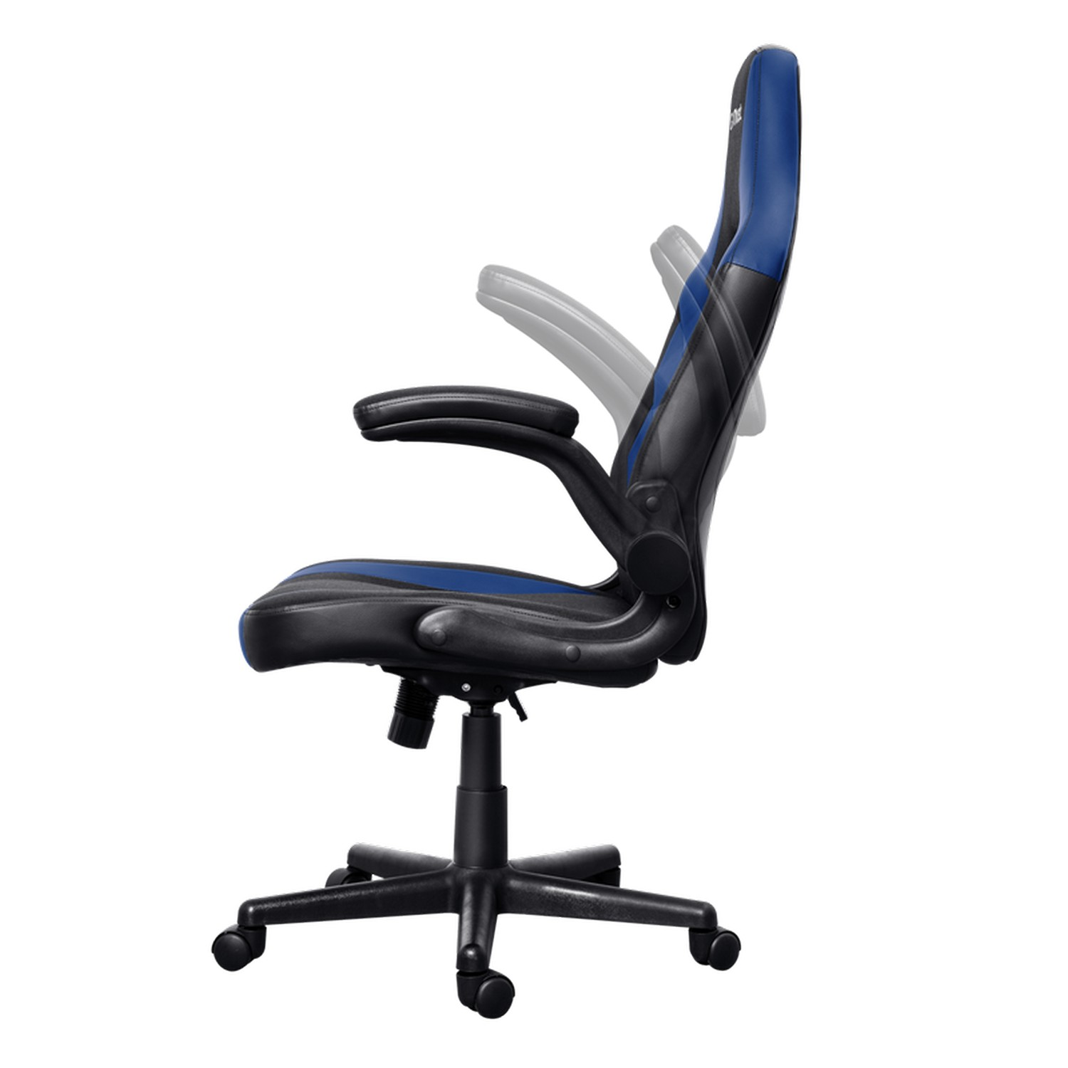 Gaming chair with blue and black accents, with an animation of it reclining.