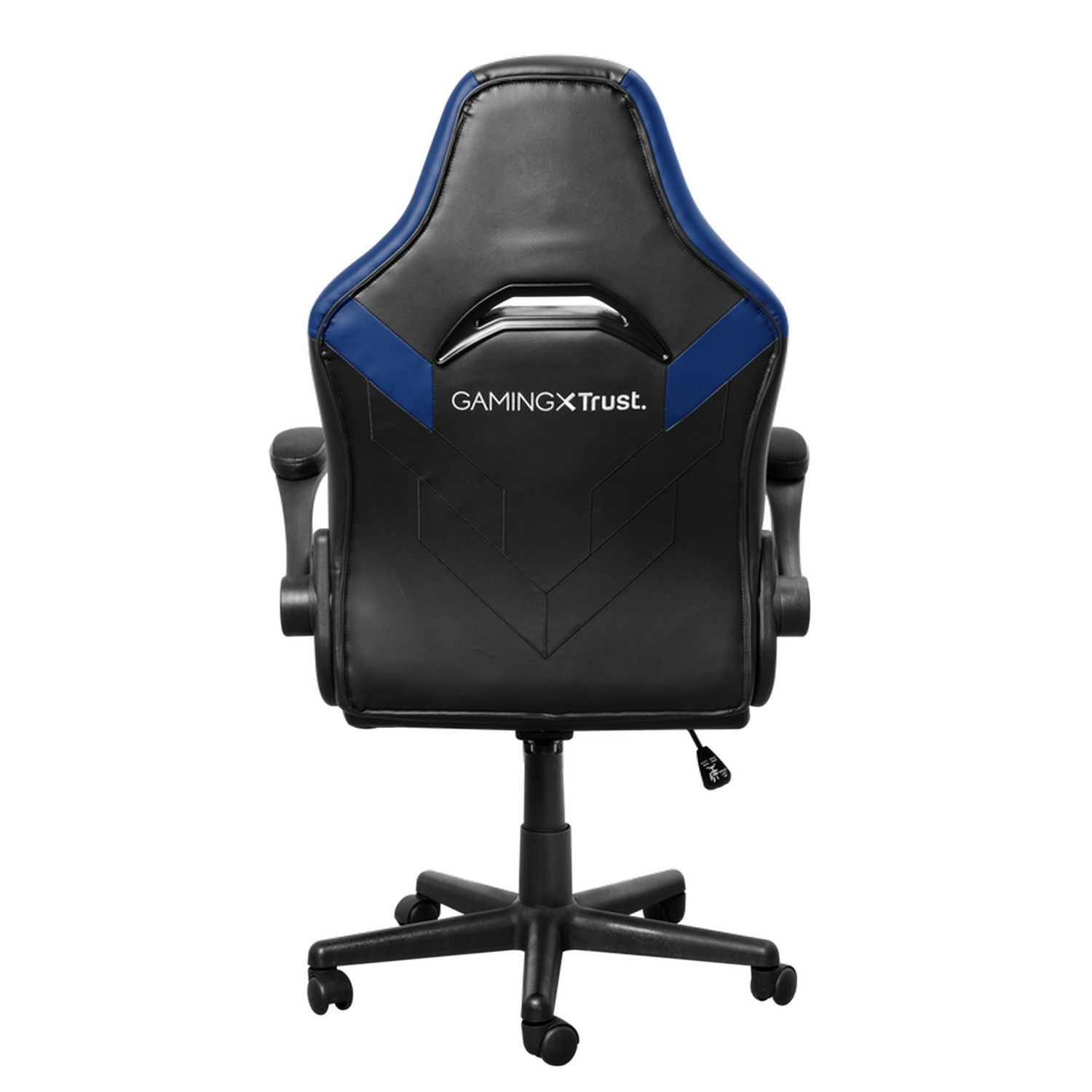 Gaming chair from behind, with blue accents and logo.