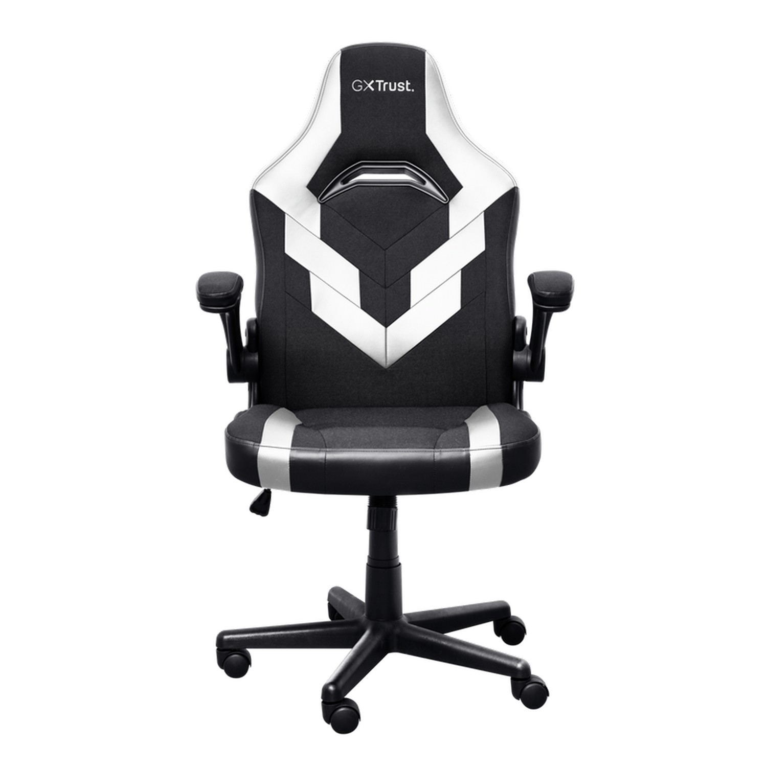 Chaise de jeu noire et argentée avec logo GXTrust, sur fond blanc.