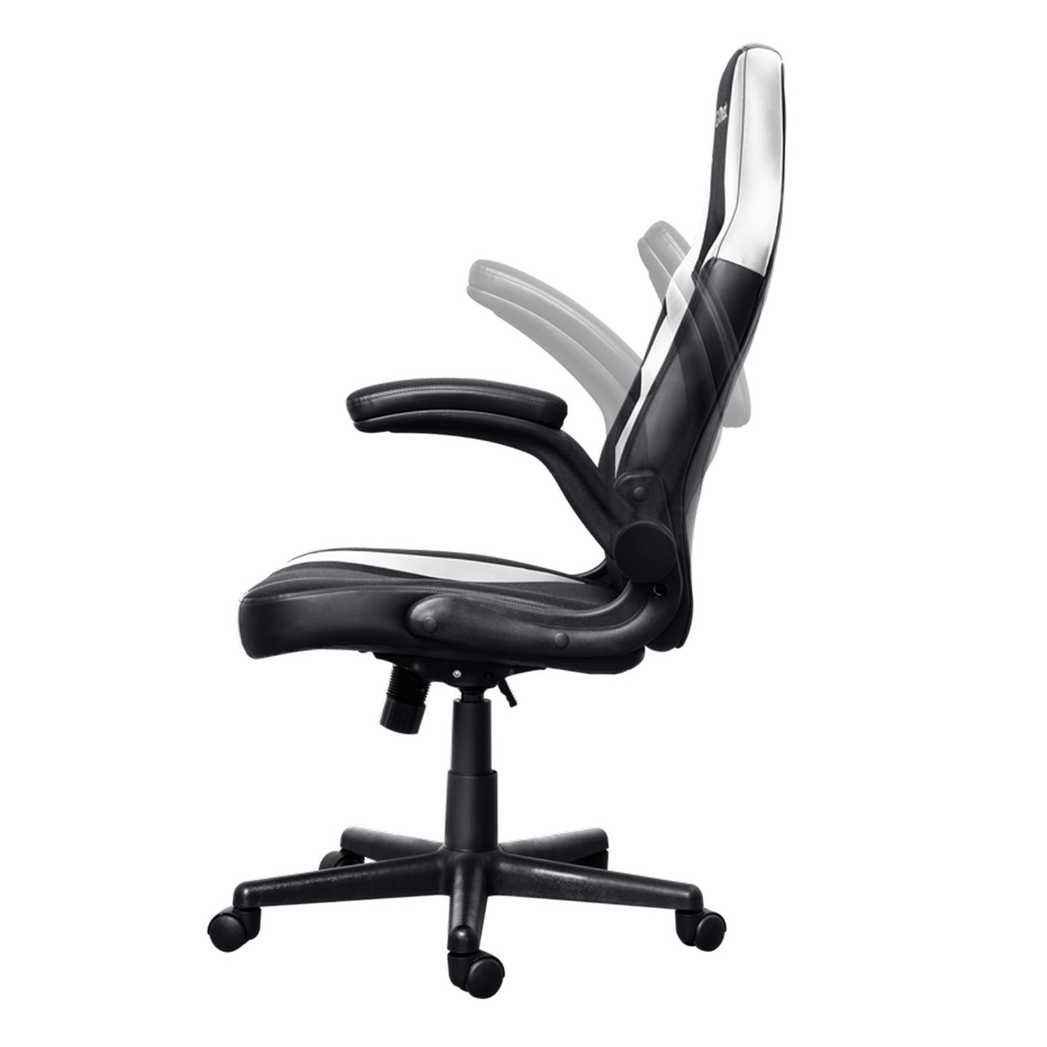 Vue latérale d'une chaise de jeu noire et blanche avec accoudoirs et roulettes.