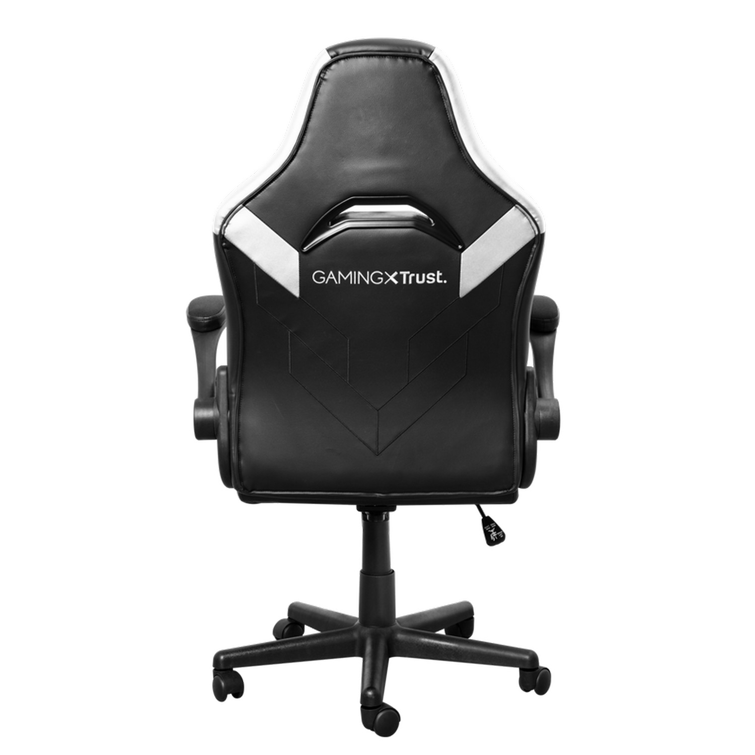 Chaise gaming noire et blanche, vue arrière, avec le logo 'GAMINGXTrust'.