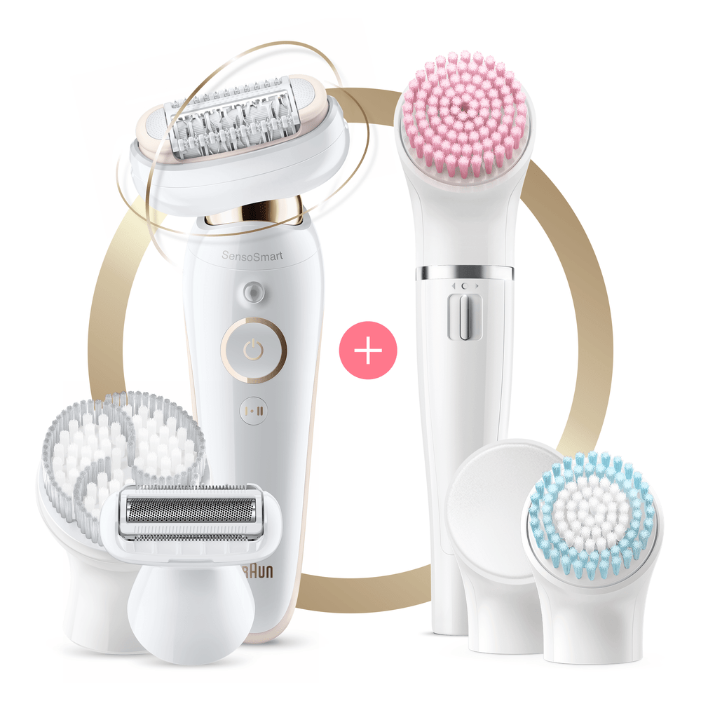 Set de depiladora, afeitadora y cepillo facial blanco con cabezales rosa y azul.