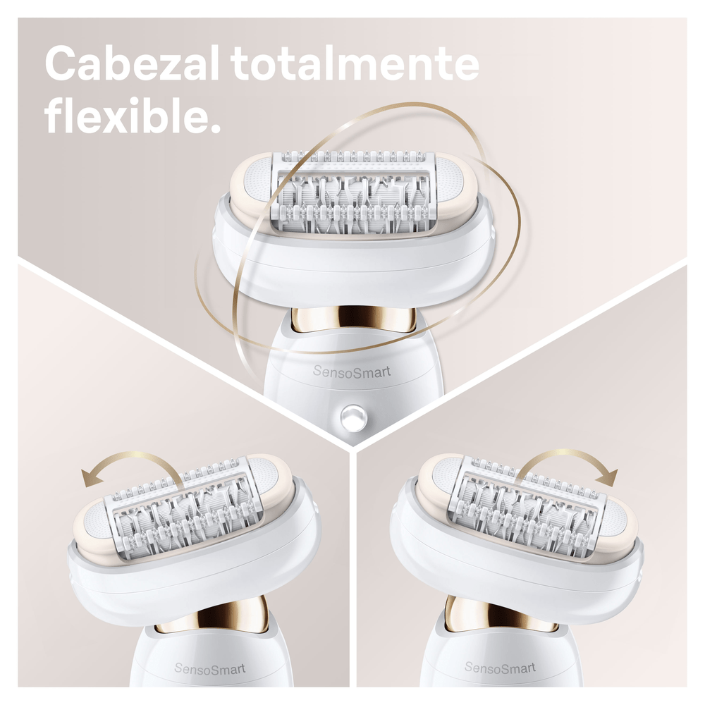 Primer plano de una depiladora blanca con cabezales giratorios, flechas indican flexibilidad.