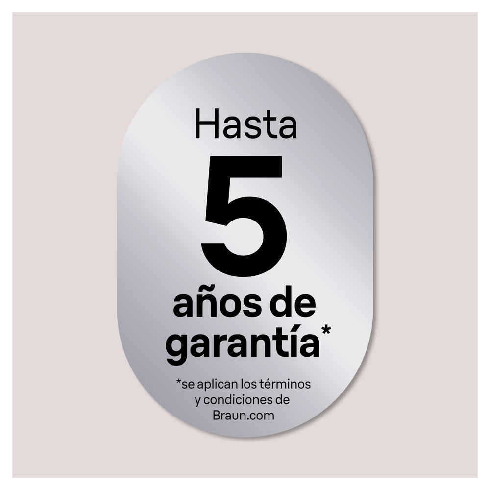 Un óvalo plateado con texto: Hasta 5 años de garantía.