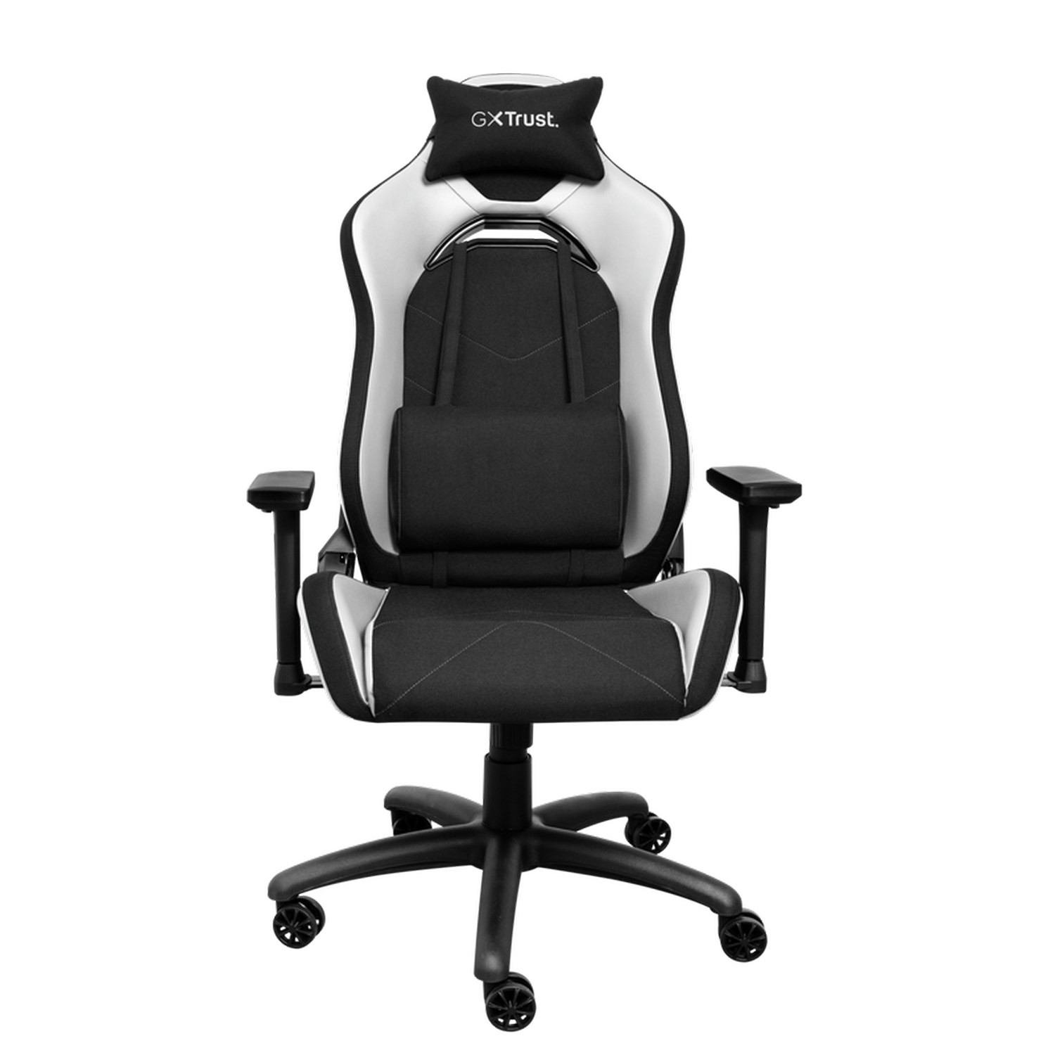 Chaise de jeu, noir et blanc avec appui-tête et support lombaire.