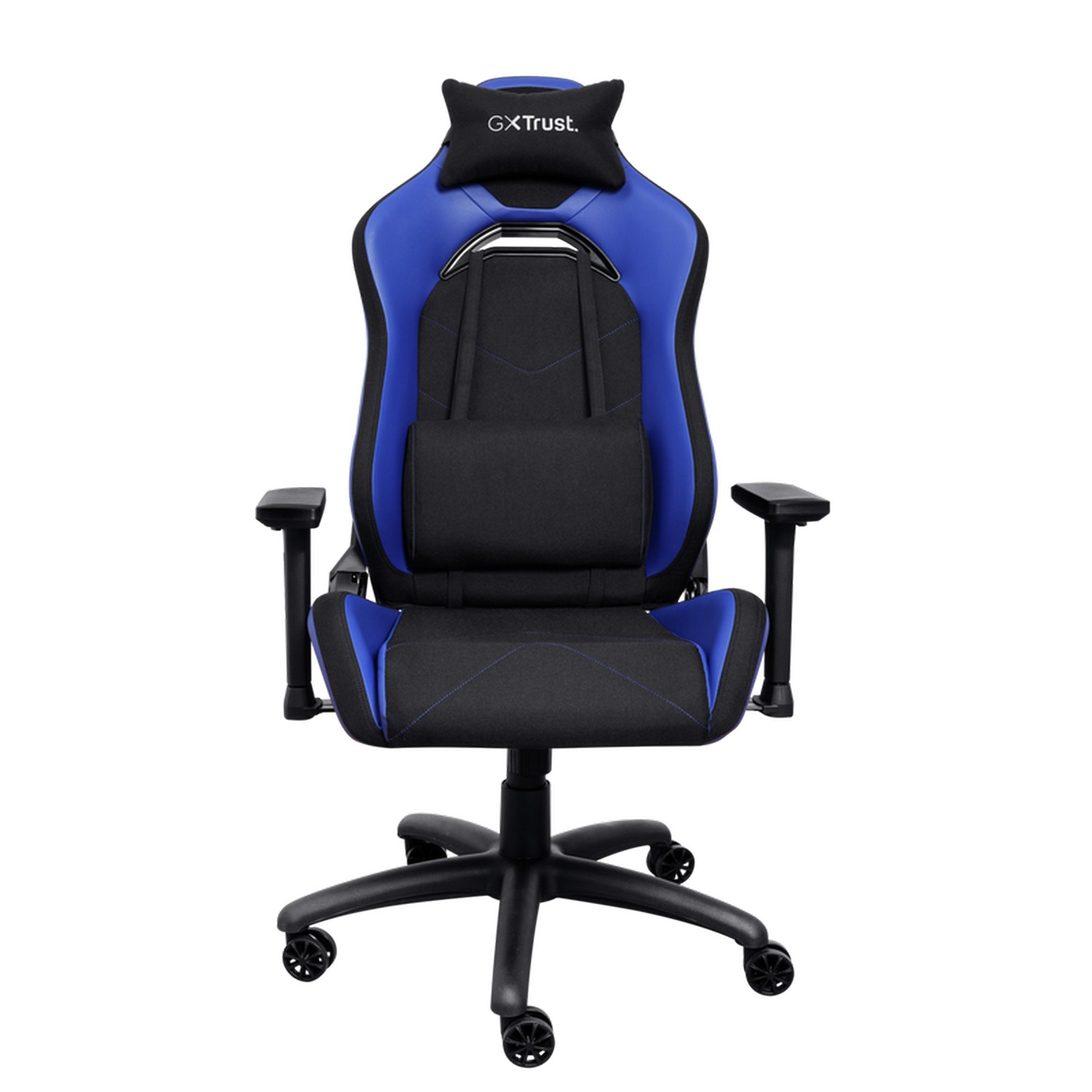 Chaise gaming bleue et noire avec appui-tête et support lombaire, sur fond blanc.