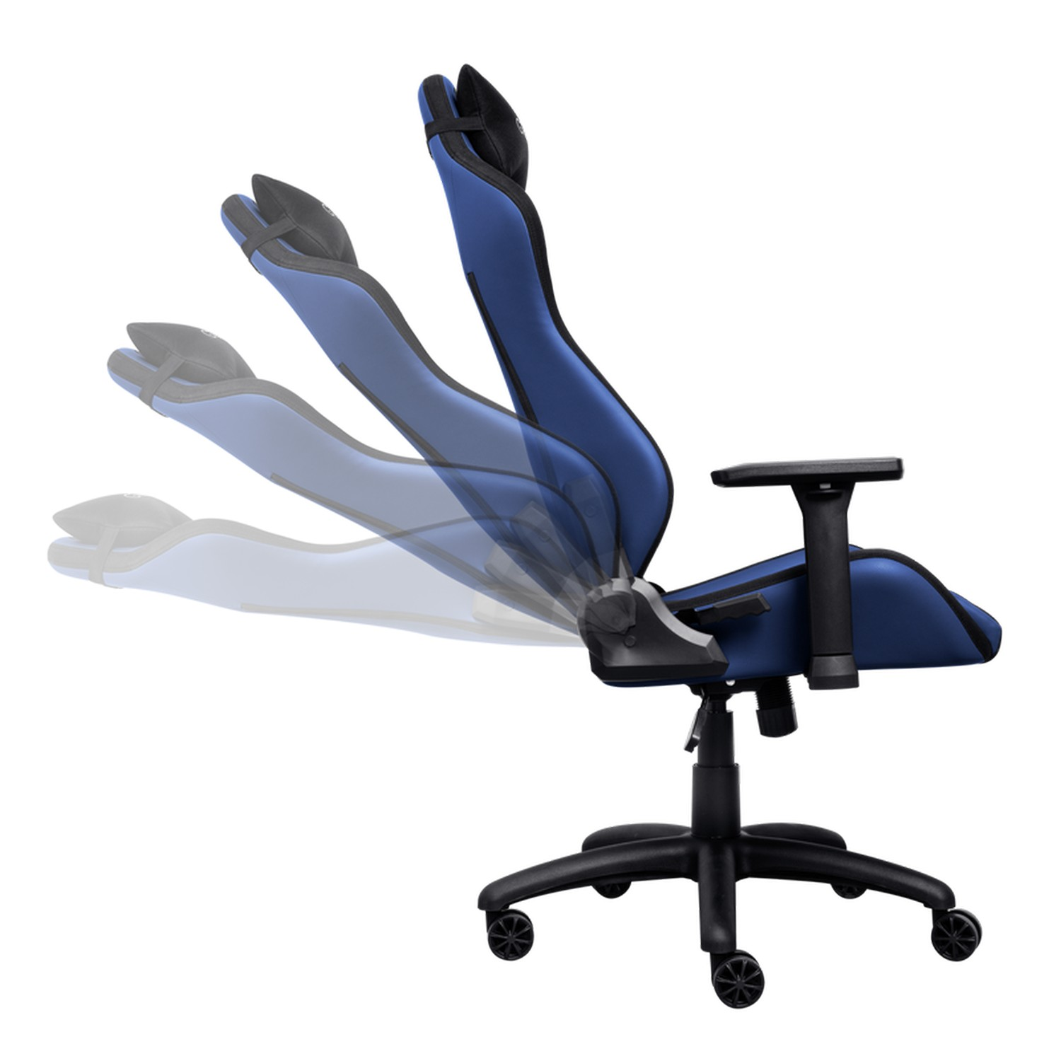 Chaise de jeu bleue et noire avec plusieurs positions inclinables, fond blanc.