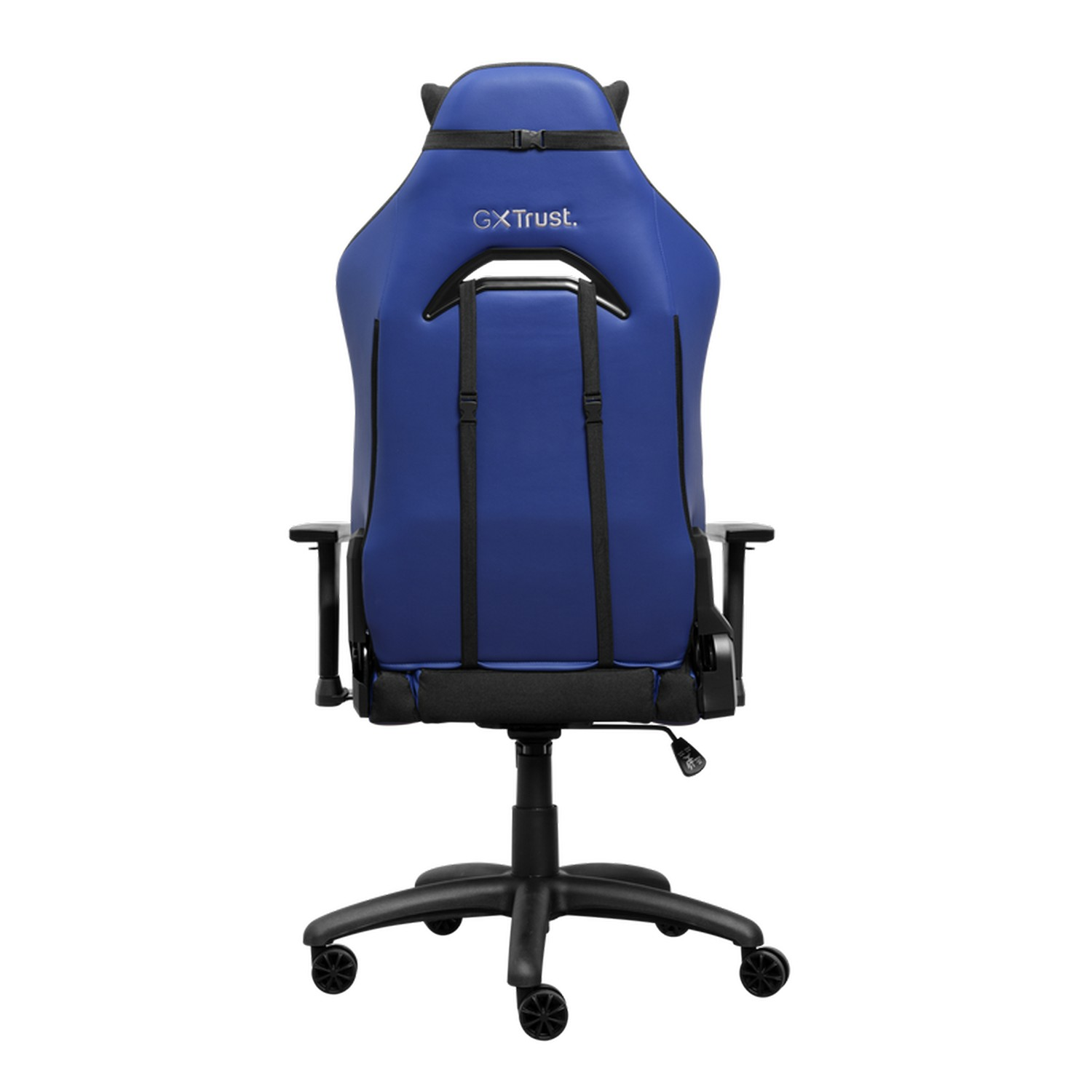 Vue arrière d'une chaise gaming bleue et noire. La marque est GX Trust.