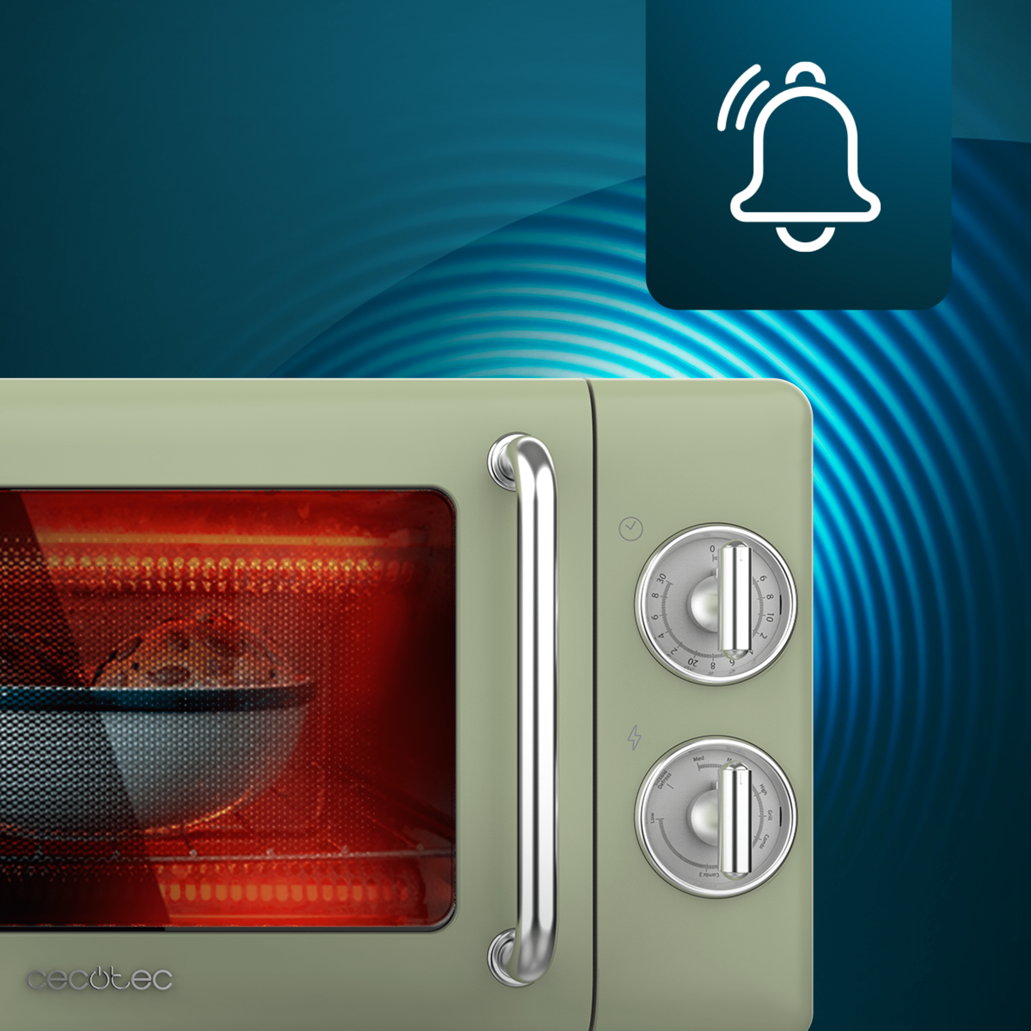 Un horno microondas verde con diales. El interior del horno está iluminado.
