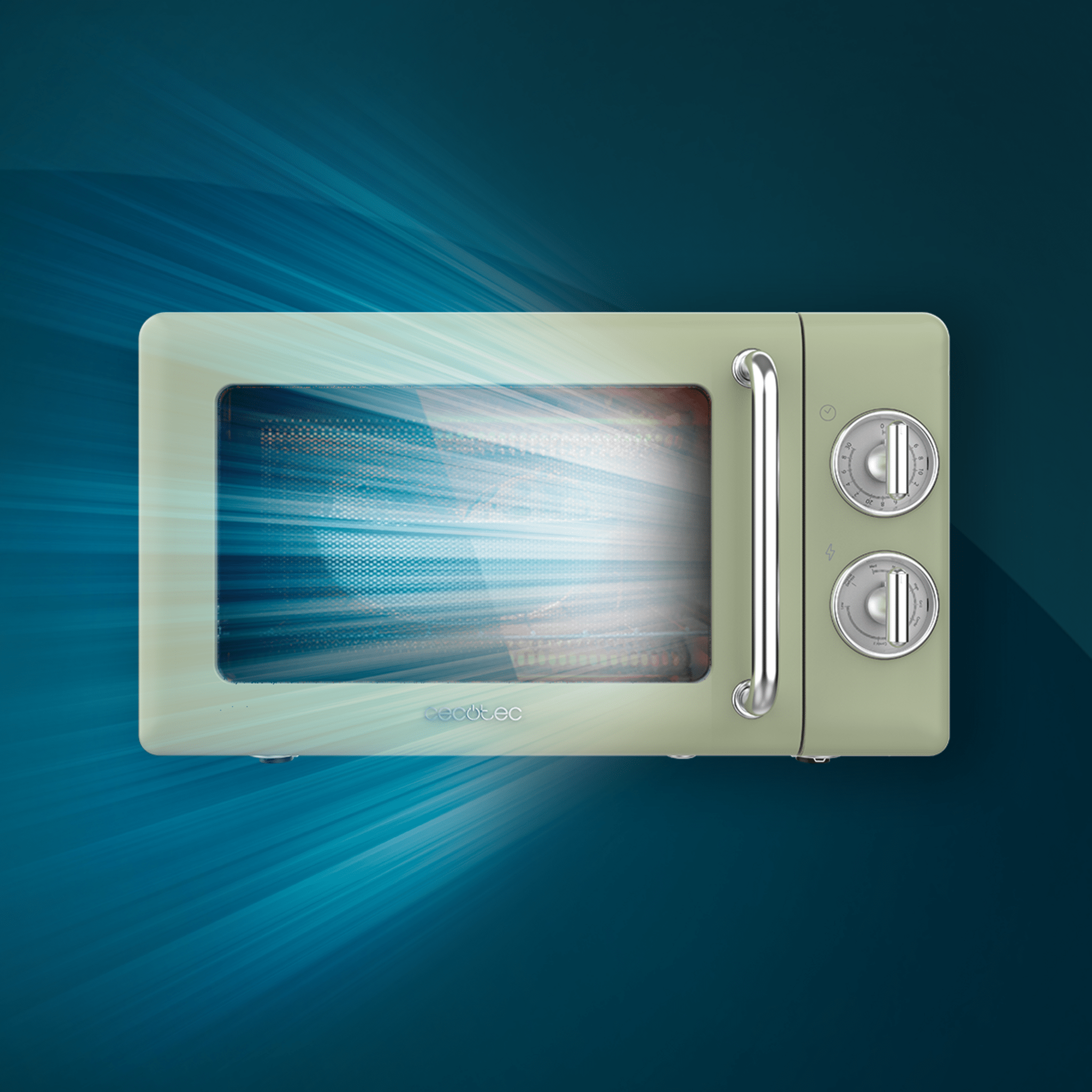Microondas verde sobre fondo azul. Rayos de luz emanan del interior del microondas.