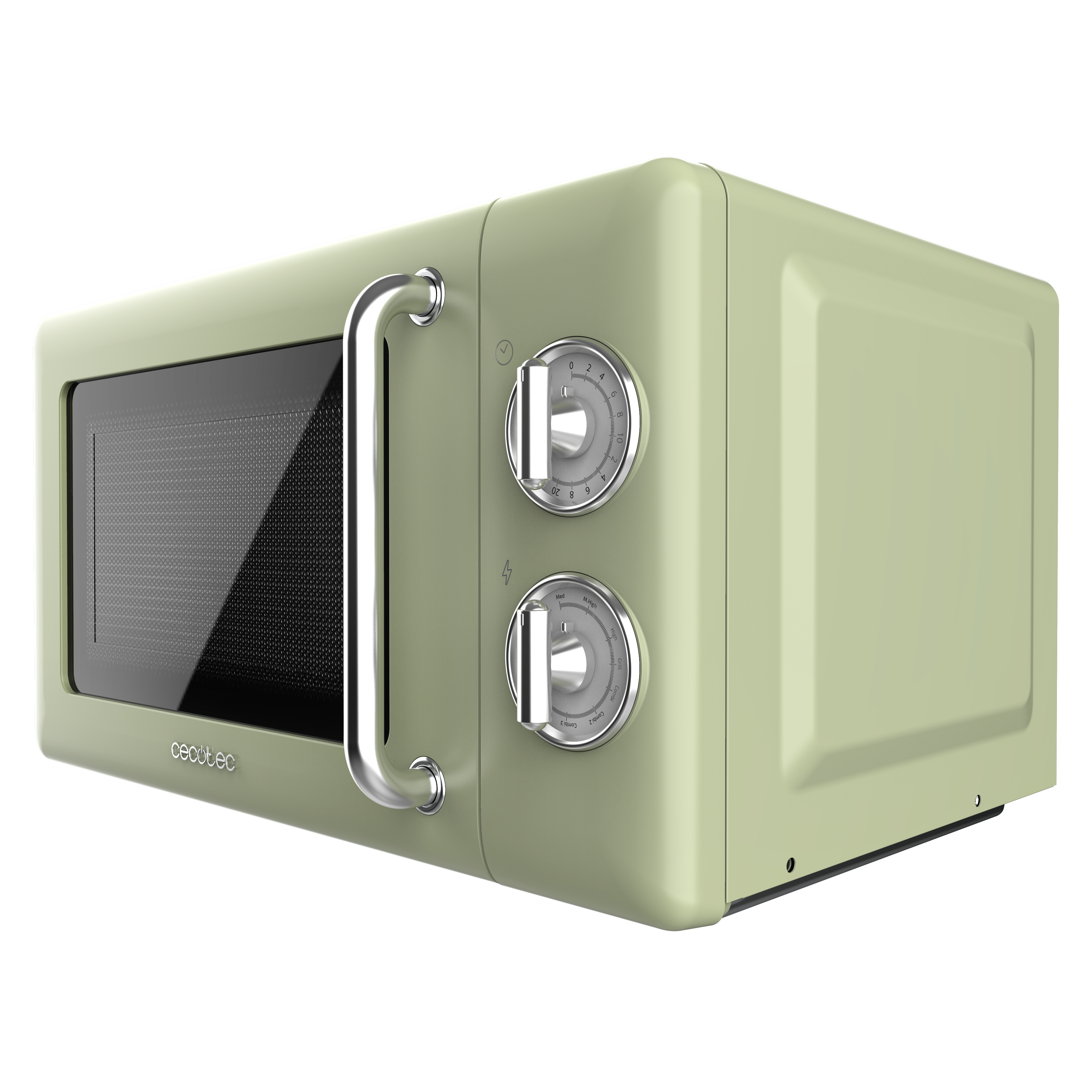 Un horno microondas verde salvia con asa y diales plateados. Sobre superficie negra. Puerta cerrada.