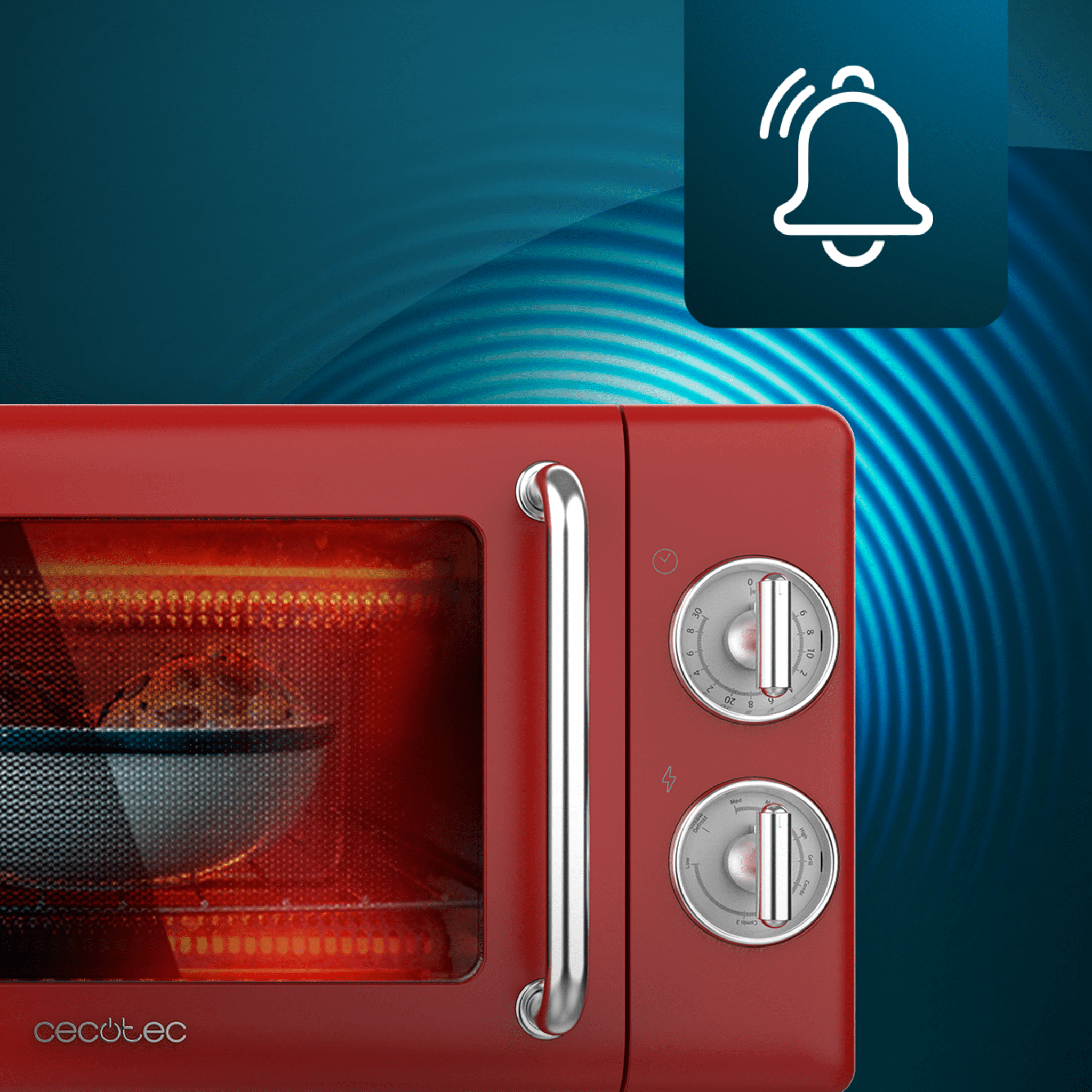 Horno microondas rojo con diales y un icono de campana. Interior con comida.