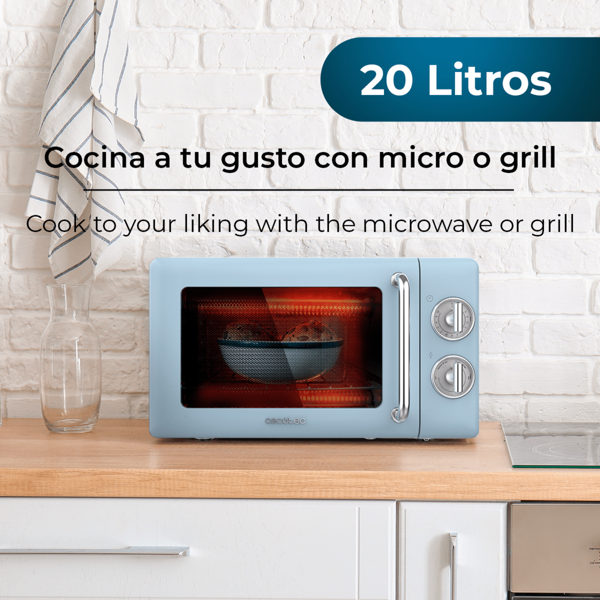 Un horno microondas azul con un cuenco dentro, y el texto: Cocina a tu gusto con el microondas o grill.