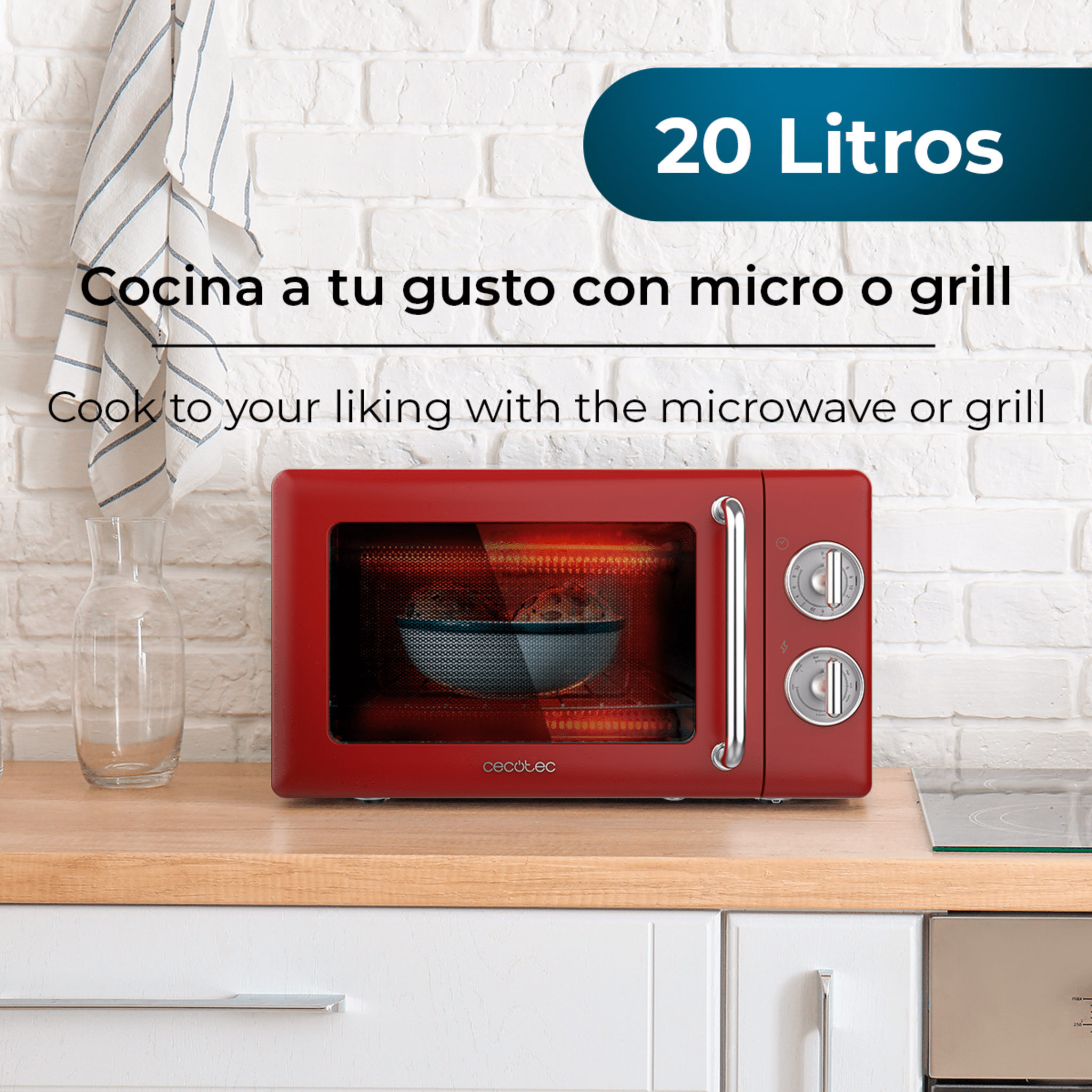 Microondas rojo sobre encimera de madera, texto: 20 Litros.