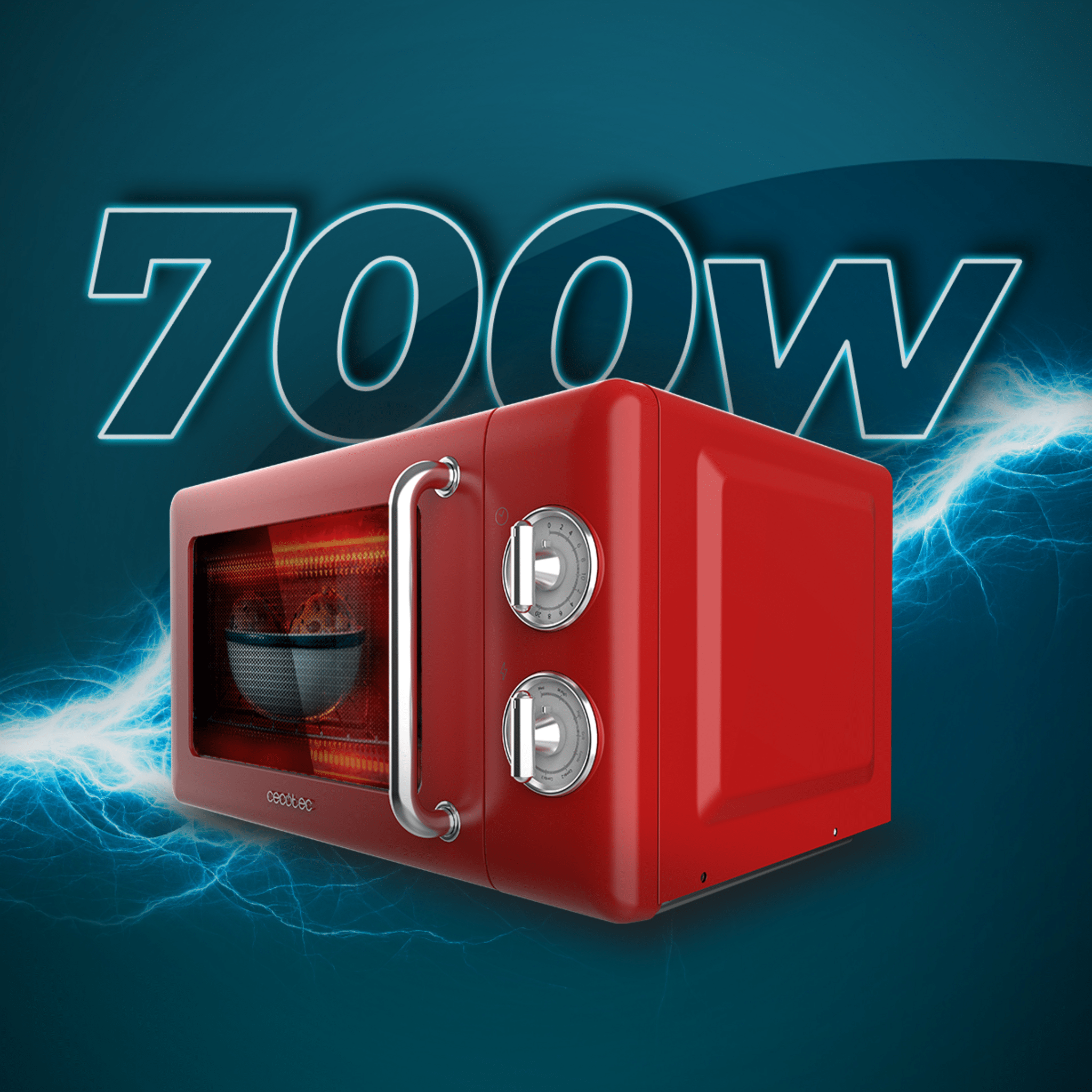 Microondas rojo con texto '700W'. Un tazón dentro. Rayas azul eléctrico en el fondo.