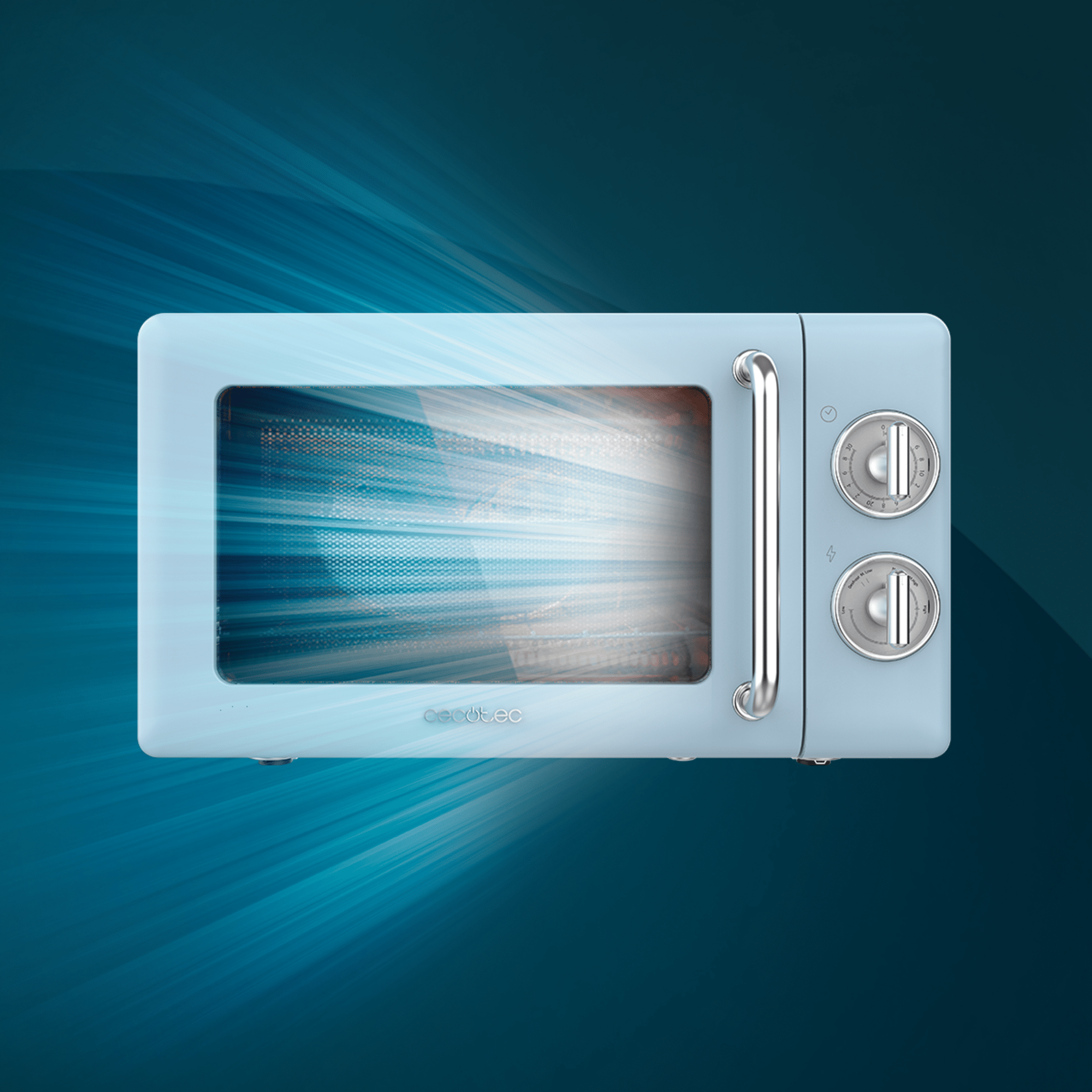 Un horno microondas azul claro con interior iluminado. El fondo es un degradado azul oscuro.