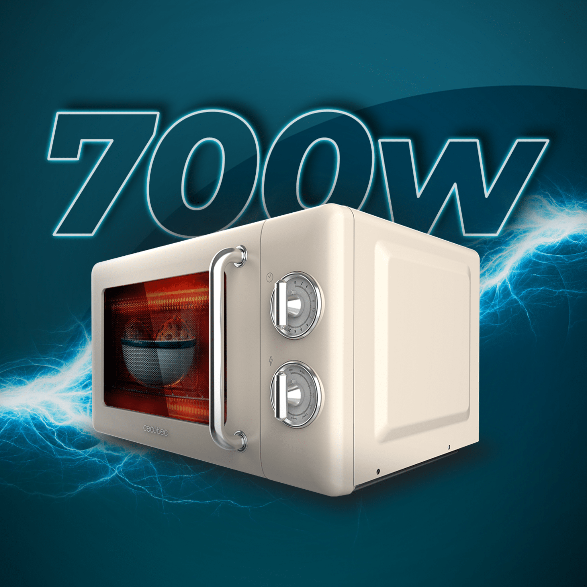 Un microondas beige con diales y el texto '700W' y rayos azules en el fondo.