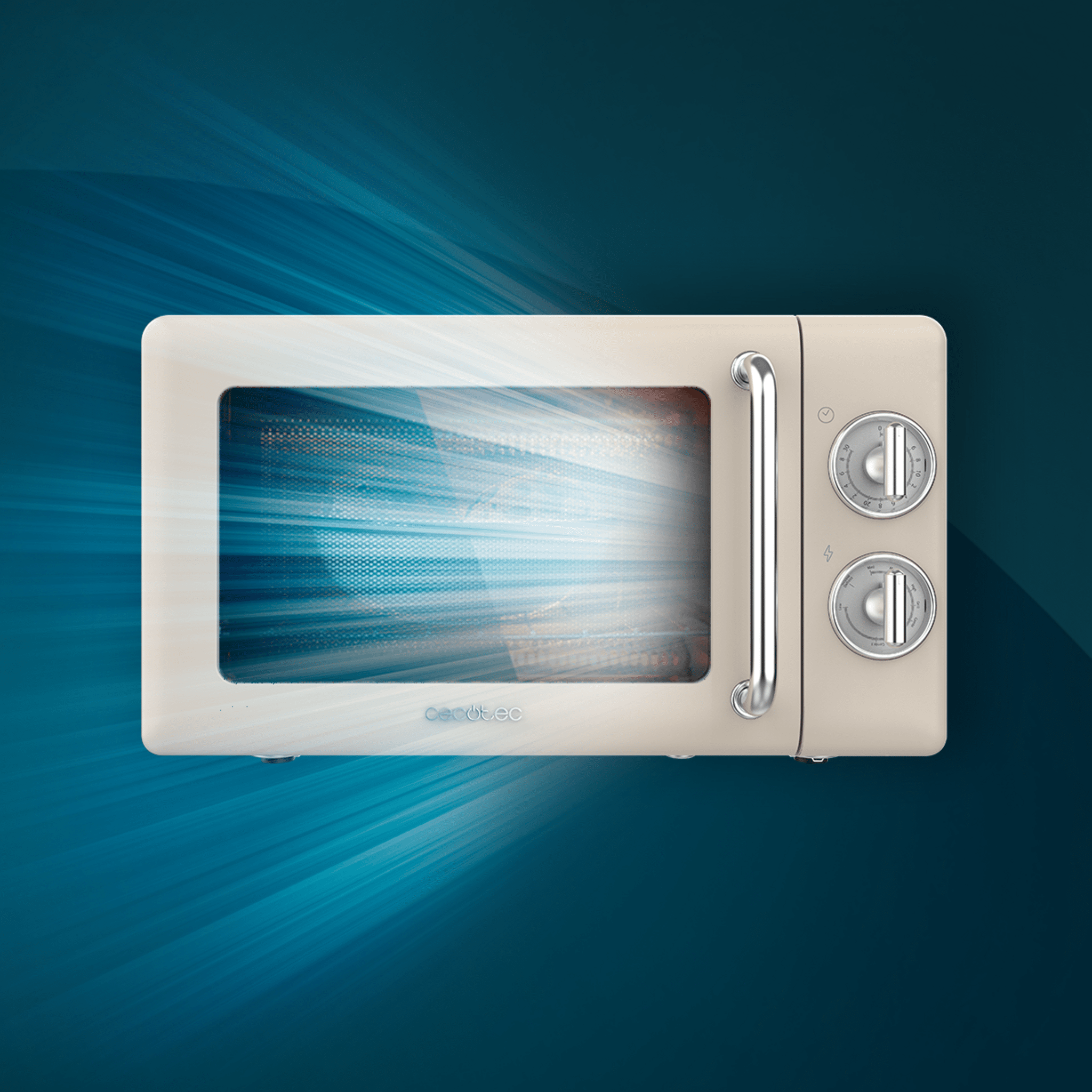 Microondas beige con asa y controles plateados, emitiendo luz.