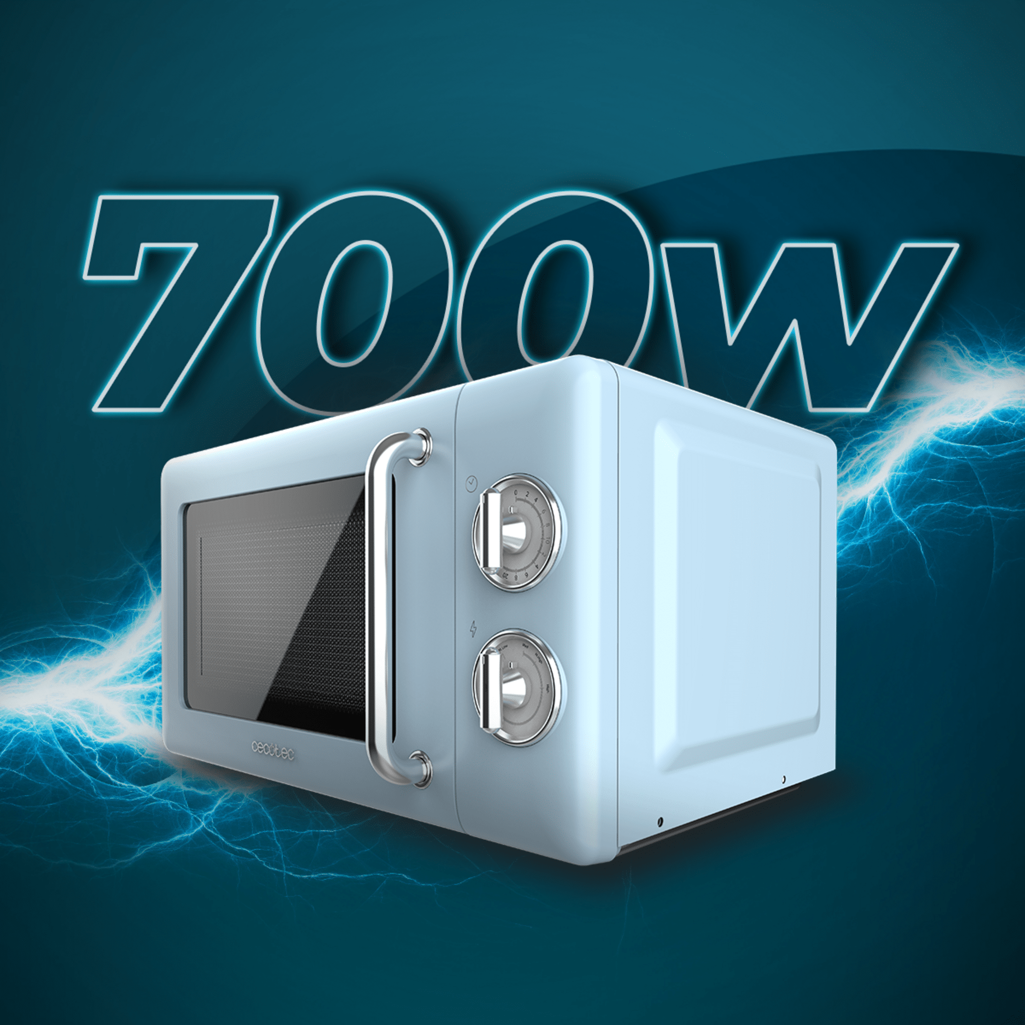 Microondas azul con el texto '700W' encima, sobre un fondo azul.