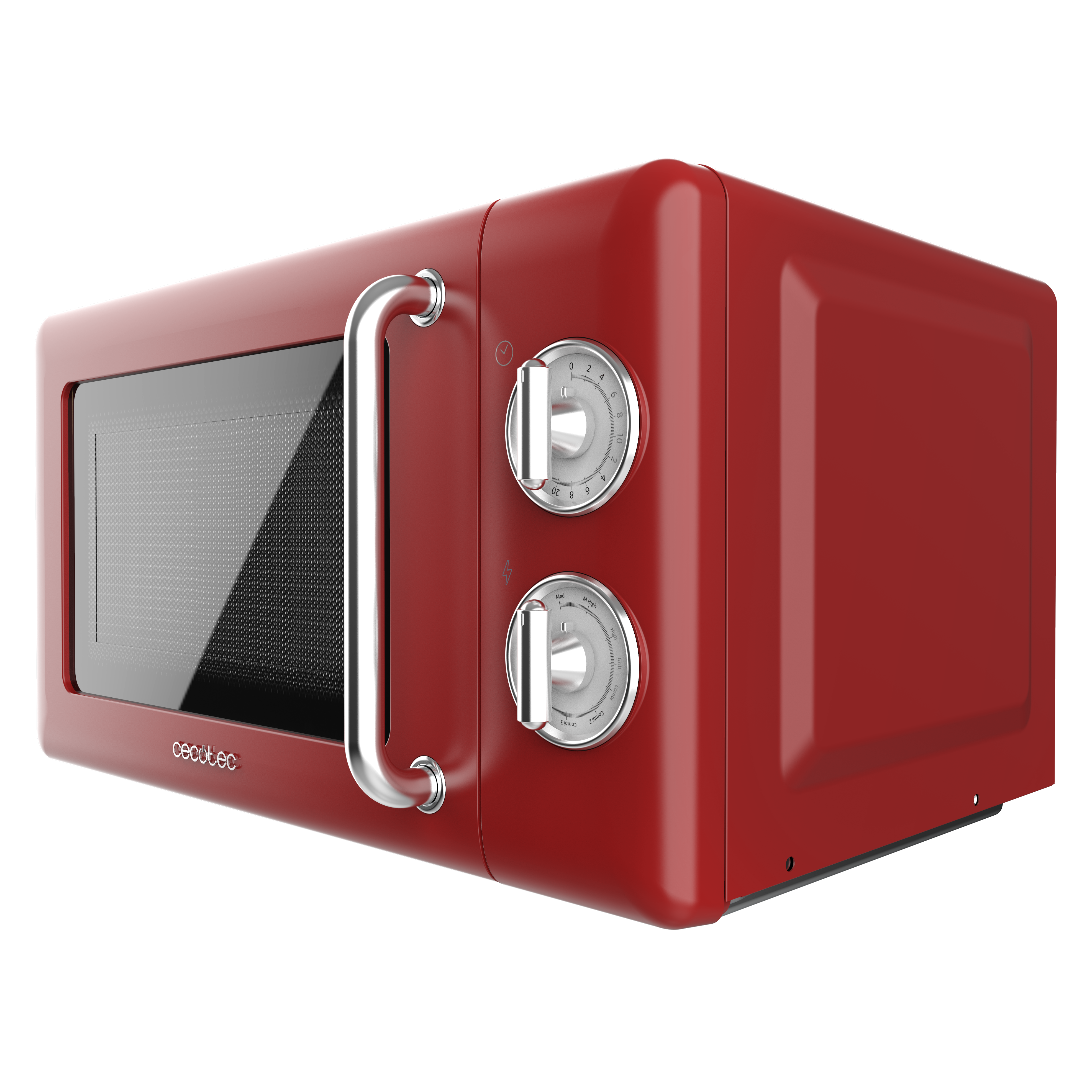 Un horno microondas rojo con asa plateada y perillas de control sobre fondo negro. La marca es Cecotec.