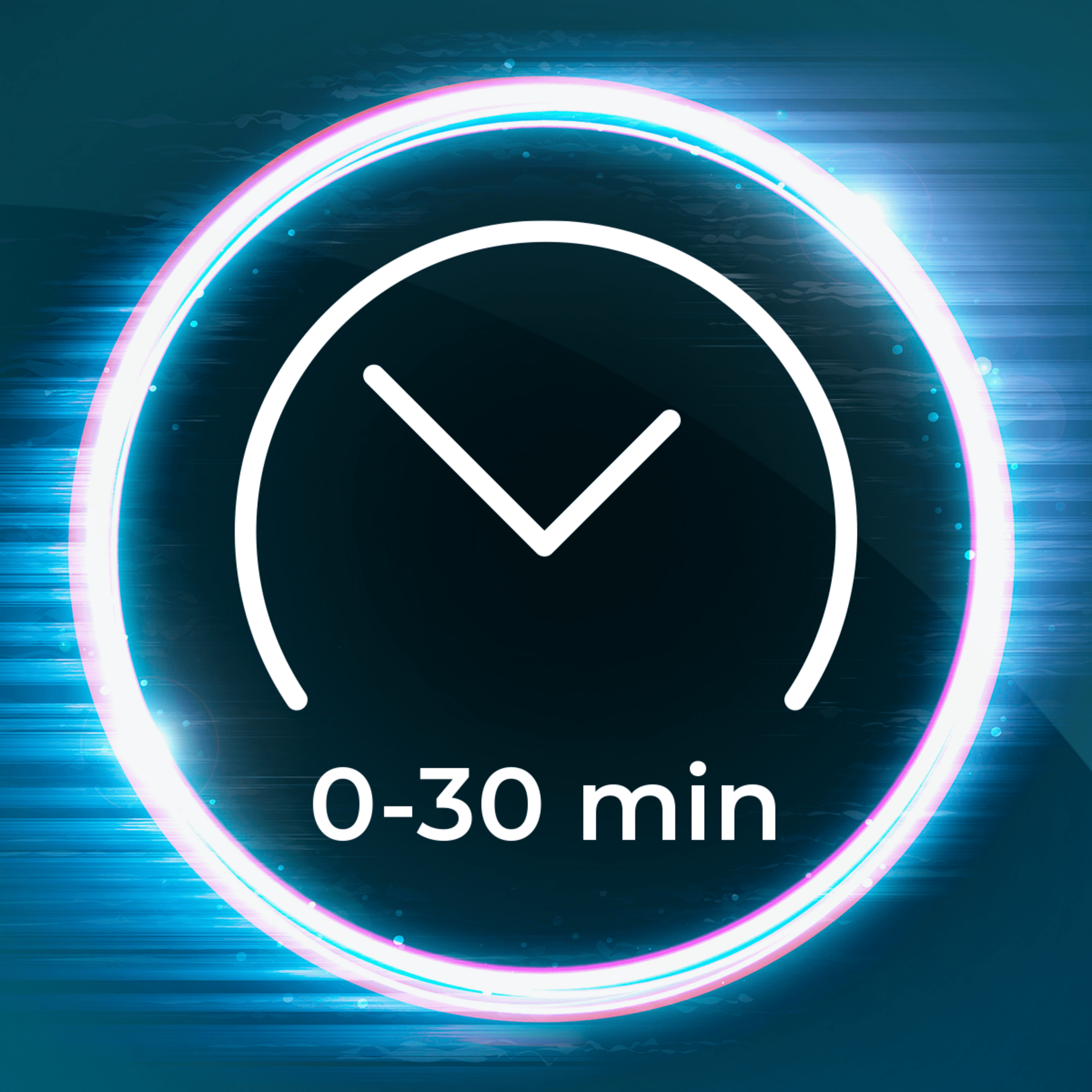 Icono de reloj con borde neón azul y blanco, con texto 0-30 min. Fondo azul oscuro.