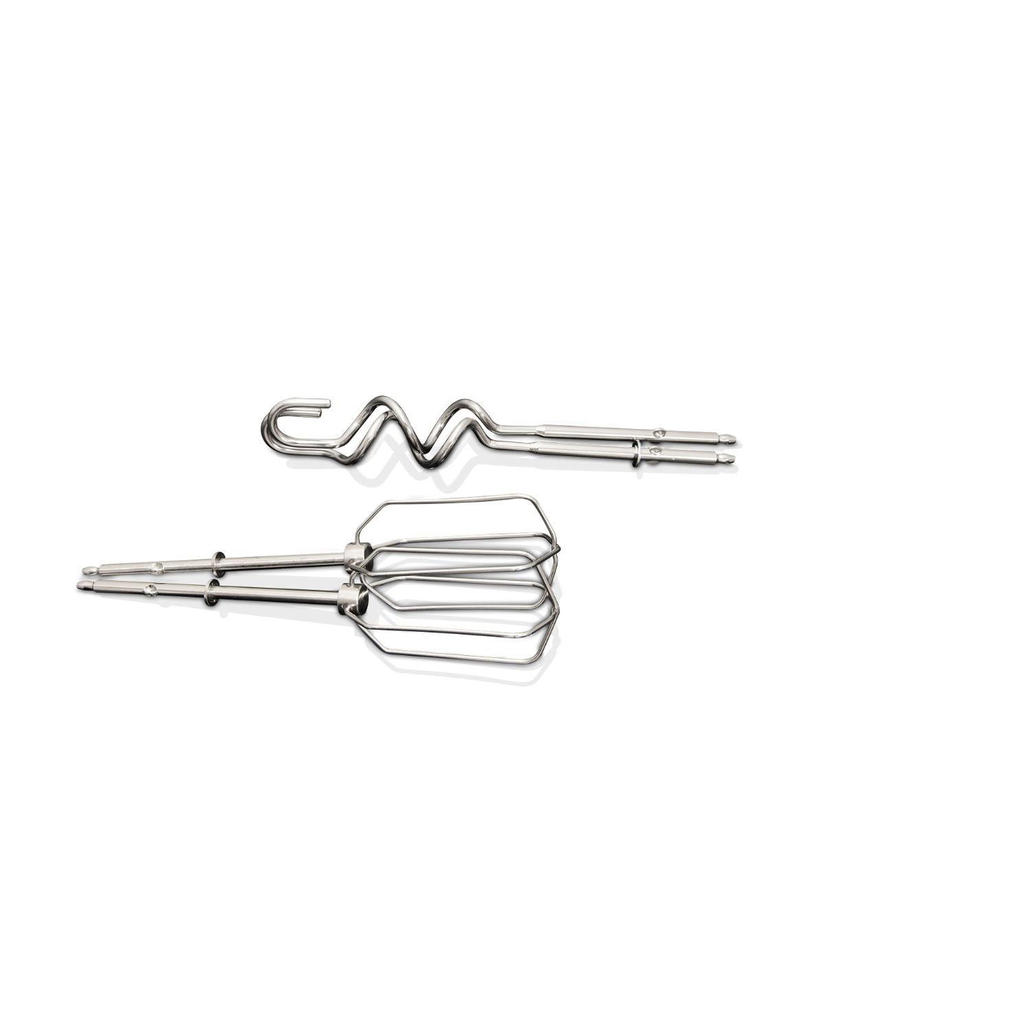 Two metal beaters for a mixer, set against a black background.