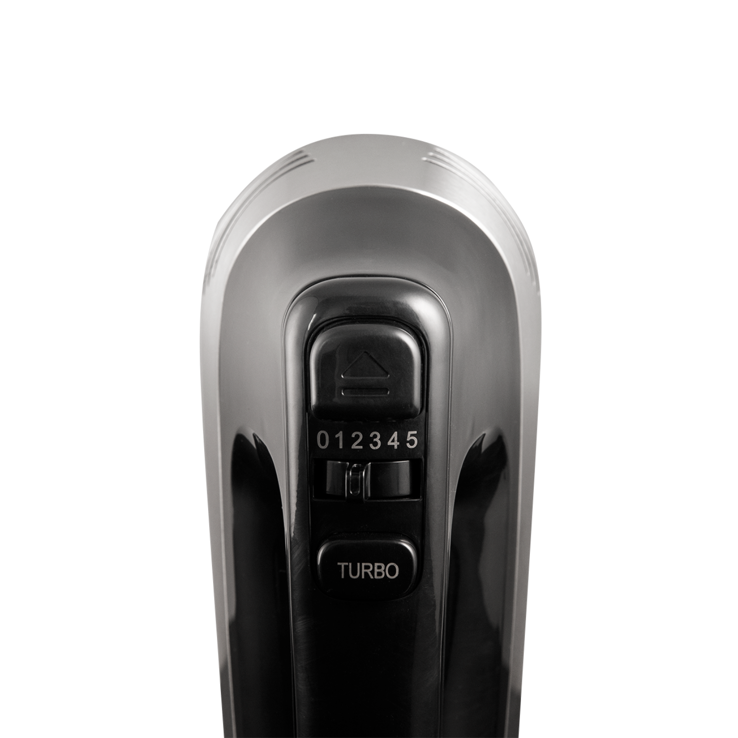 Close-up of a hand mixer with speed settings and a turbo button. Black and silver.