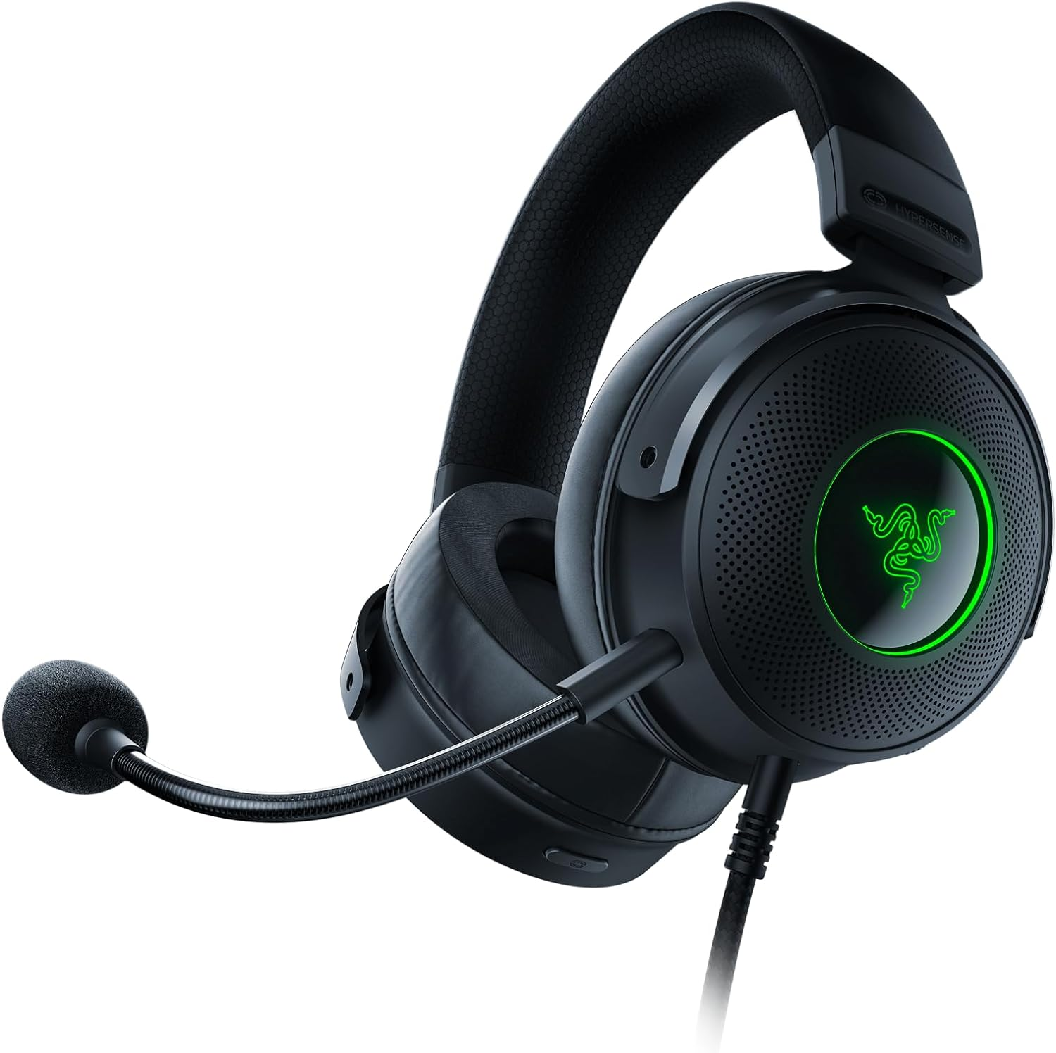 Auriculares gaming negros con logo verde, micrófono y cable.