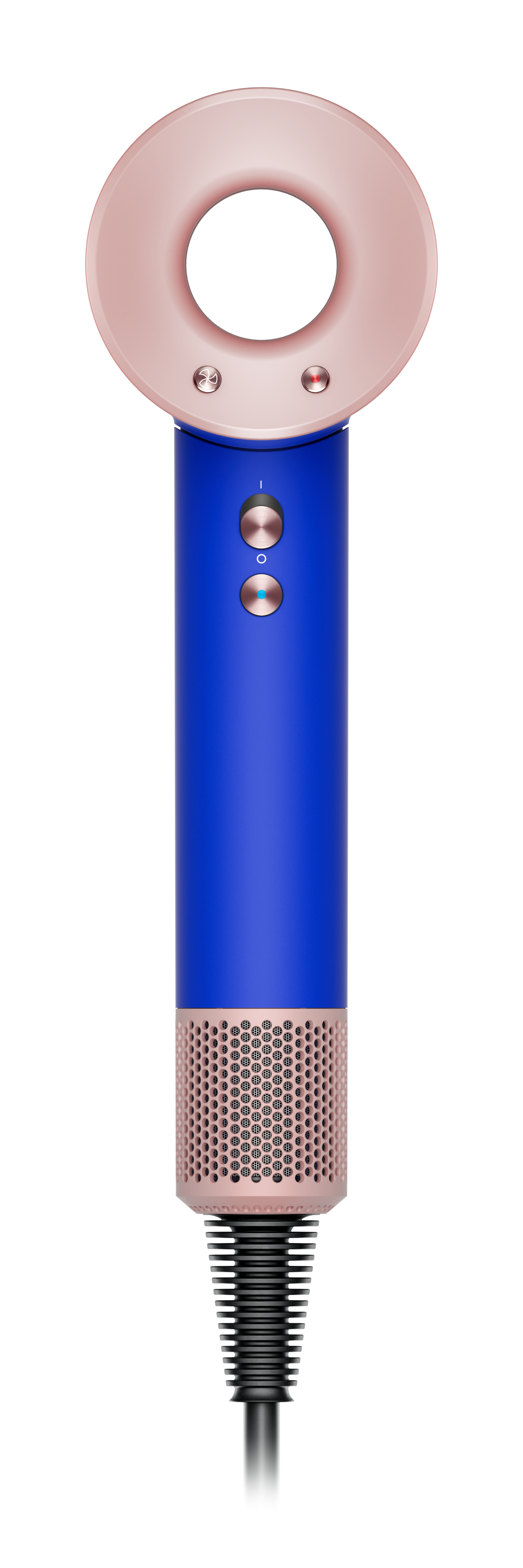 Secador de pelo Dyson azul y oro rosa, con cabezal circular y mango con botones.