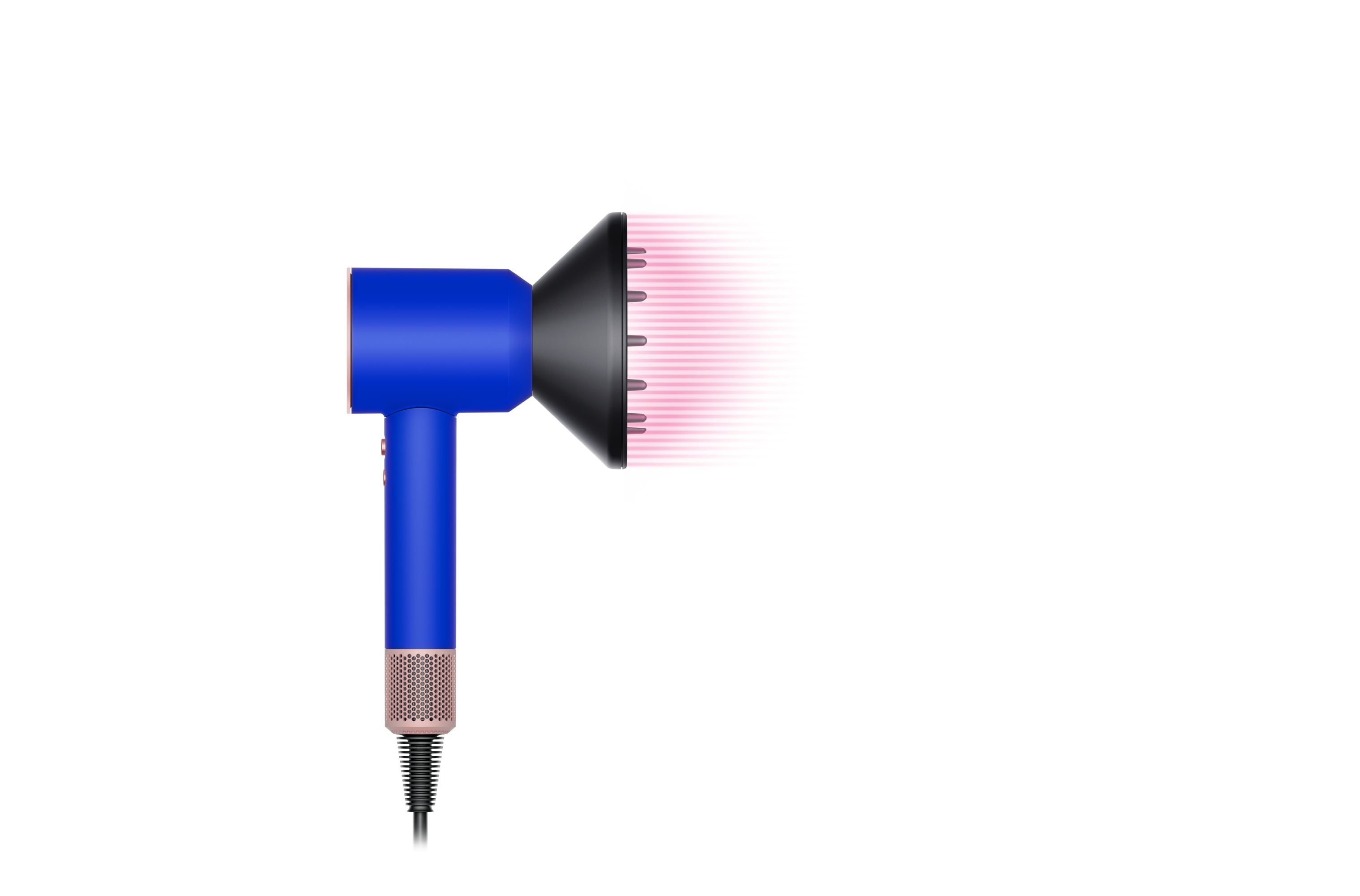Secador de pelo azul y rosa con flujo de aire. Fondo blanco con ráfaga de aire rosa a la derecha.