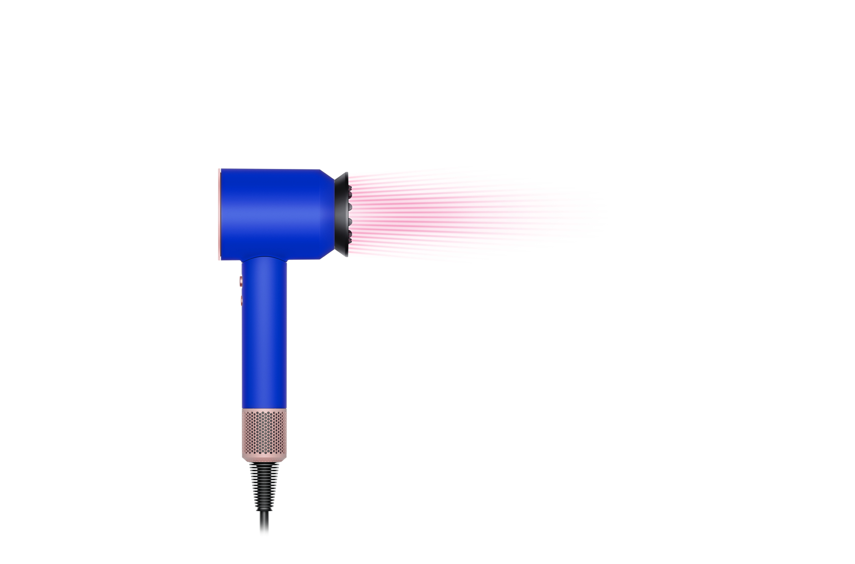 Secador de pelo azul y rosa con flujo de aire. Fondo blanco con ráfaga de aire rosa a la derecha.