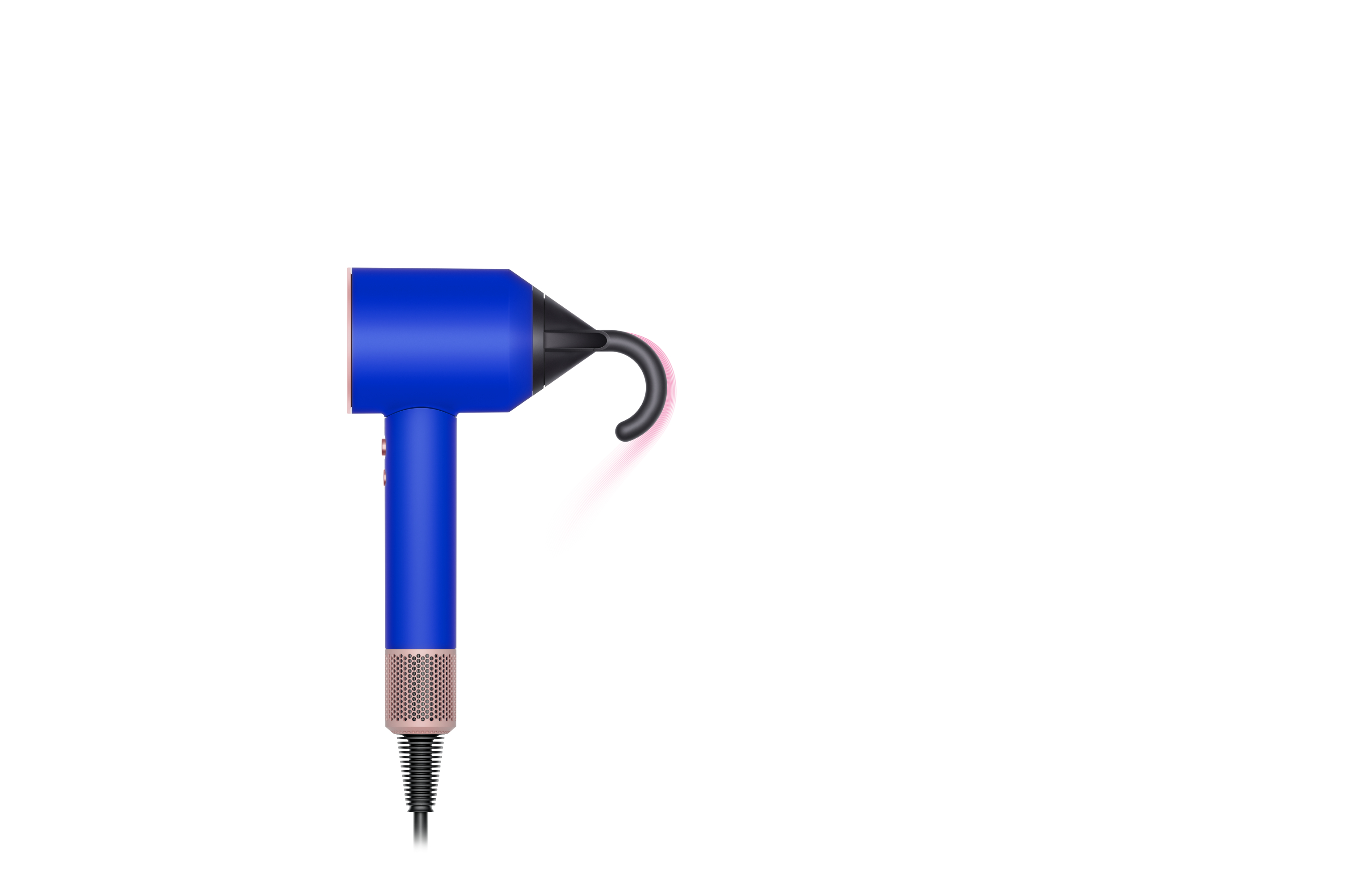 Secador de pelo Dyson azul con un gancho negro. Detalle rosa en el mango. Fondo blanco.