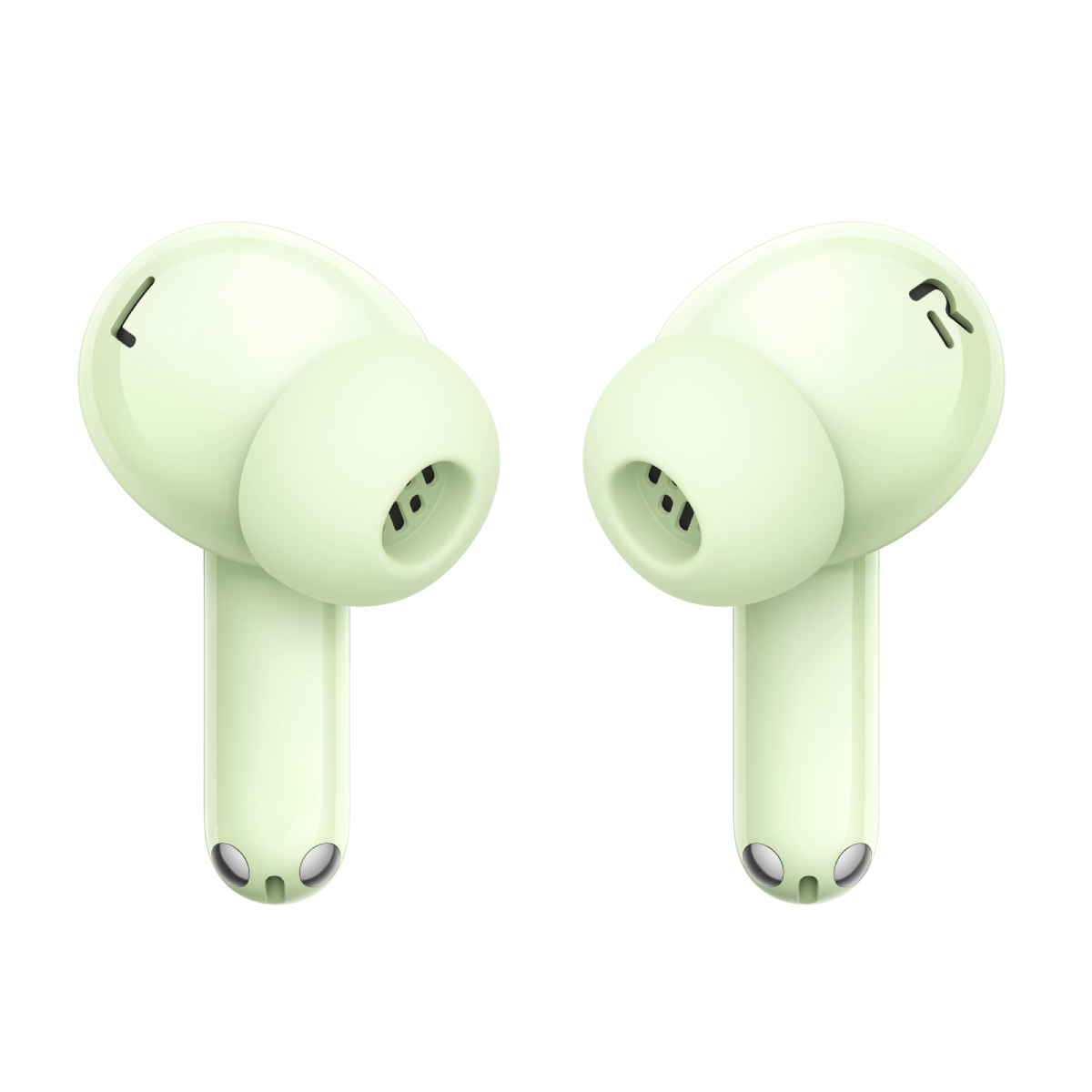 Par de auriculares inalámbricos verde claro. Las letras 'L' y 'R' son visibles.