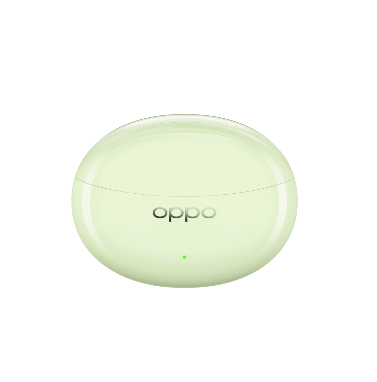 Estuche redondeado verde claro con la palabra 'oppo' en plata, fondo negro.
