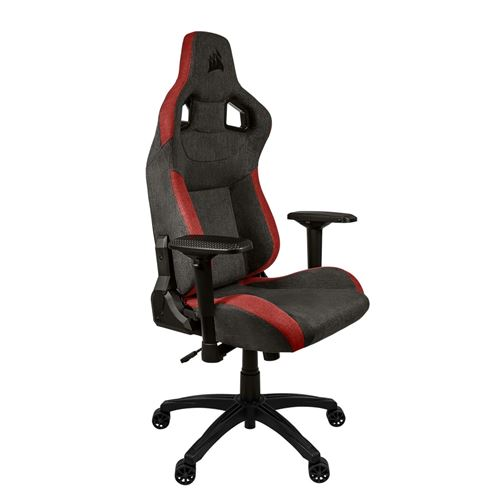 Silla gaming, negra y gris con detalles rojos. Respaldo alto, reposabrazos y base negra.
