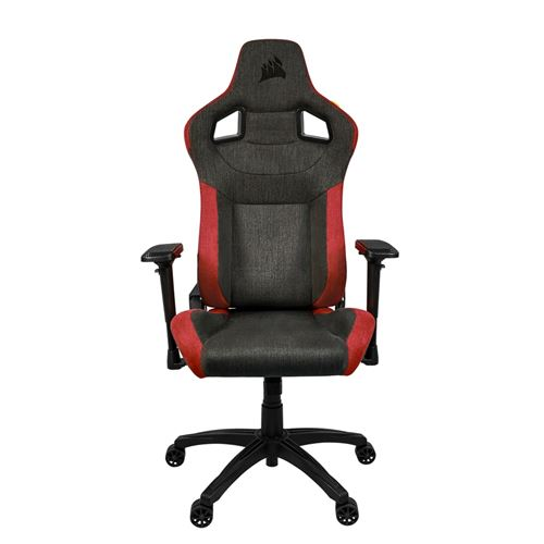 Silla gaming negra y roja. Tiene reposacabezas con el logo de Corsair.