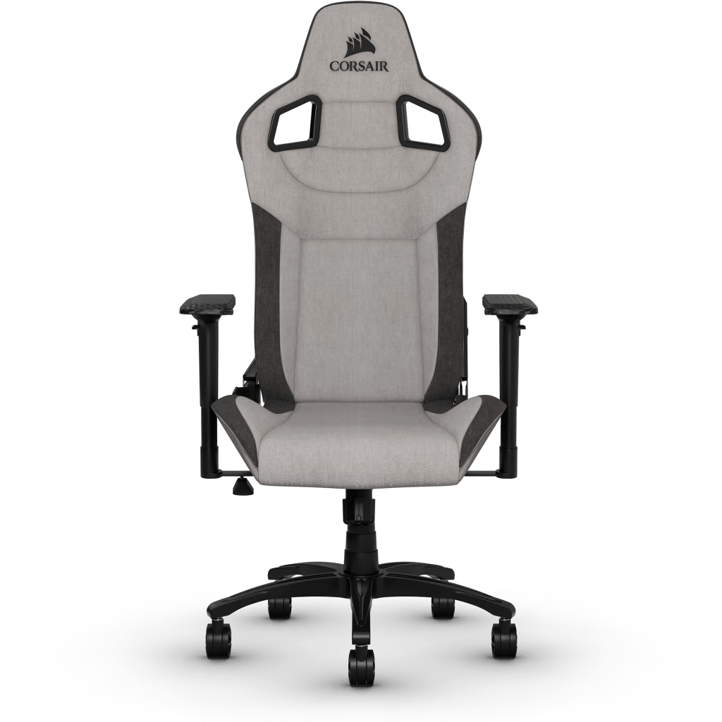 Una silla gaming Corsair negra y gris. Tiene respaldo alto, reposabrazos y base negra con ruedas.