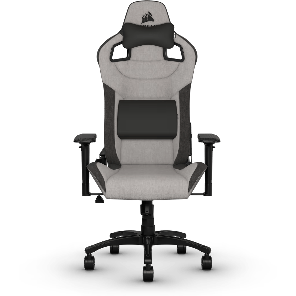 Silla gaming gris y negra con reposacabezas y soporte lumbar. Tiene ruedas sobre una base negra.
