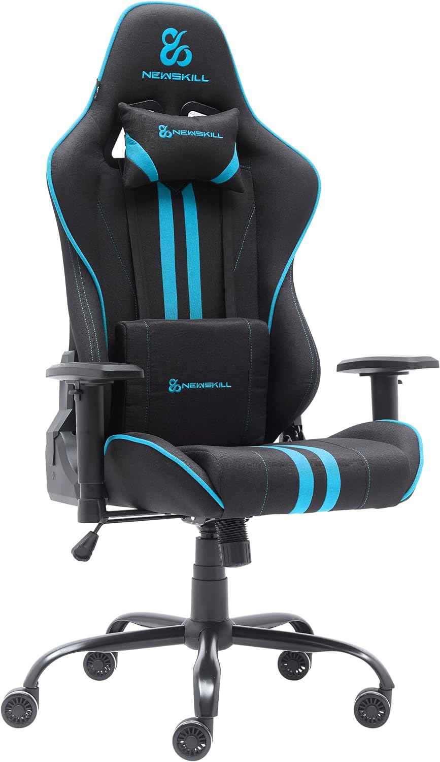 Silla gamer negra y azul con diseño ergonómico, reposacabezas y soporte lumbar.