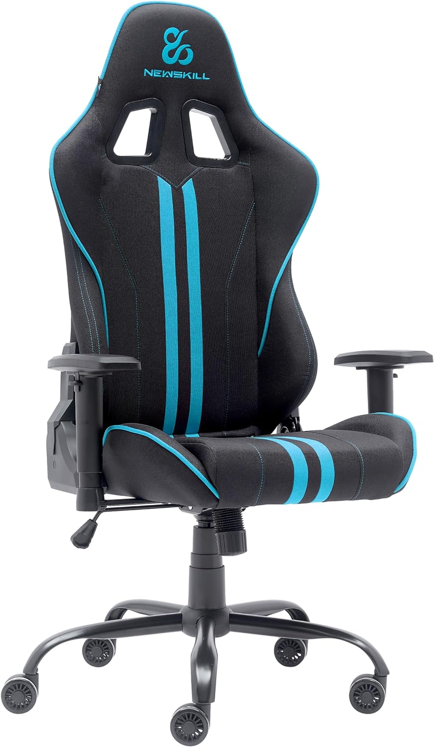 Silla gaming negra con rayas azules y logo 'NEWSKILL'.